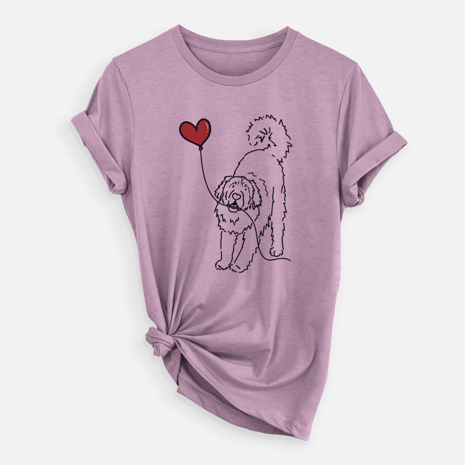 Minimalist line drawing of a Leonberger Heart String- Unisex Crewneck holding a heart balloon on an Orchid Unisex crewneck, worn by a woman