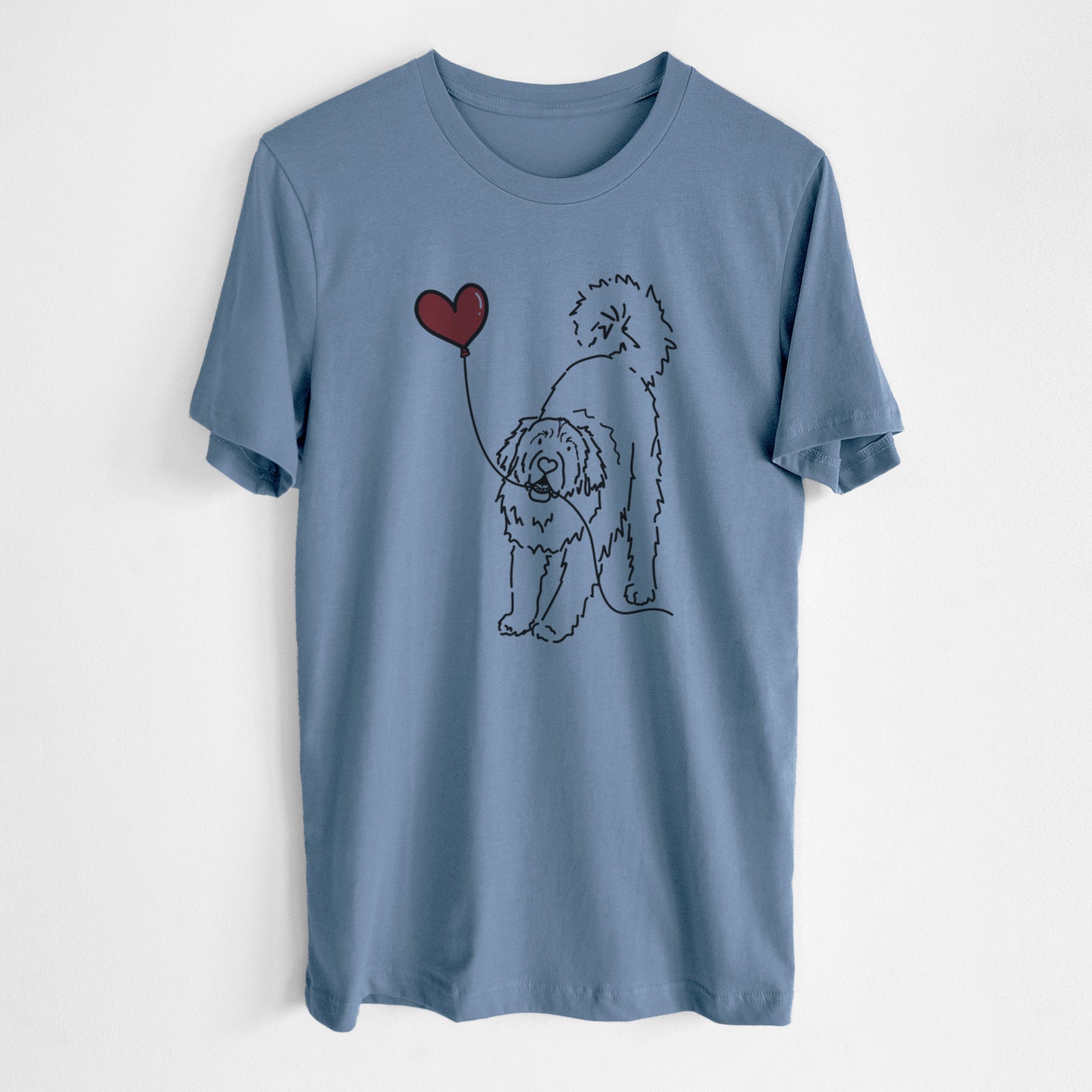 Minimalist line drawing of a Leonberger Heart String- Unisex Crewneck holding a heart balloon on a Steel Blue Unisex crewneck, worn by a man