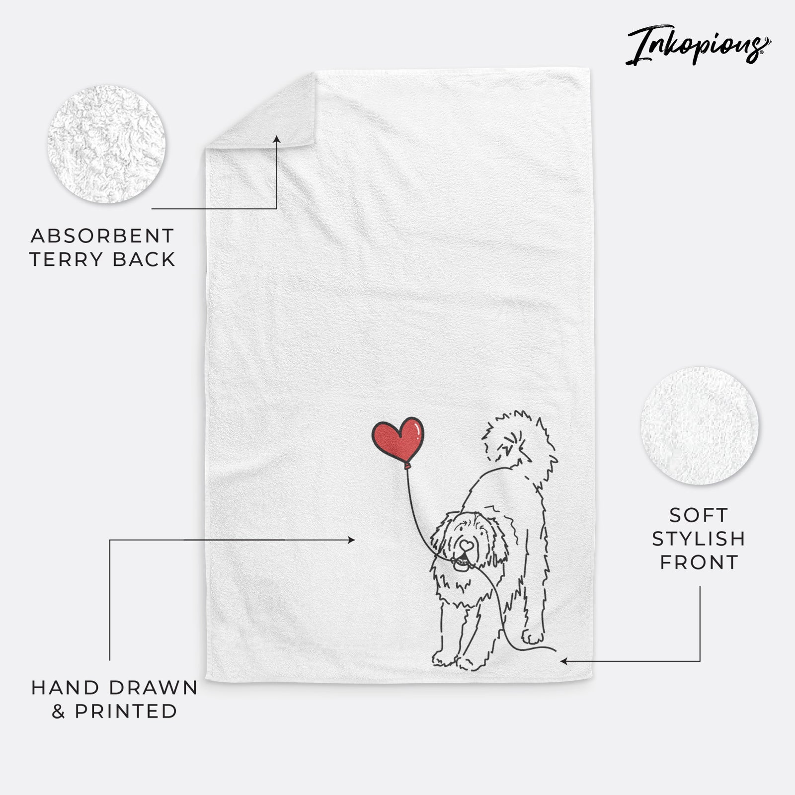 Minimalist line drawing of a Leonberger Heart String holding a heart balloon on a hand towel