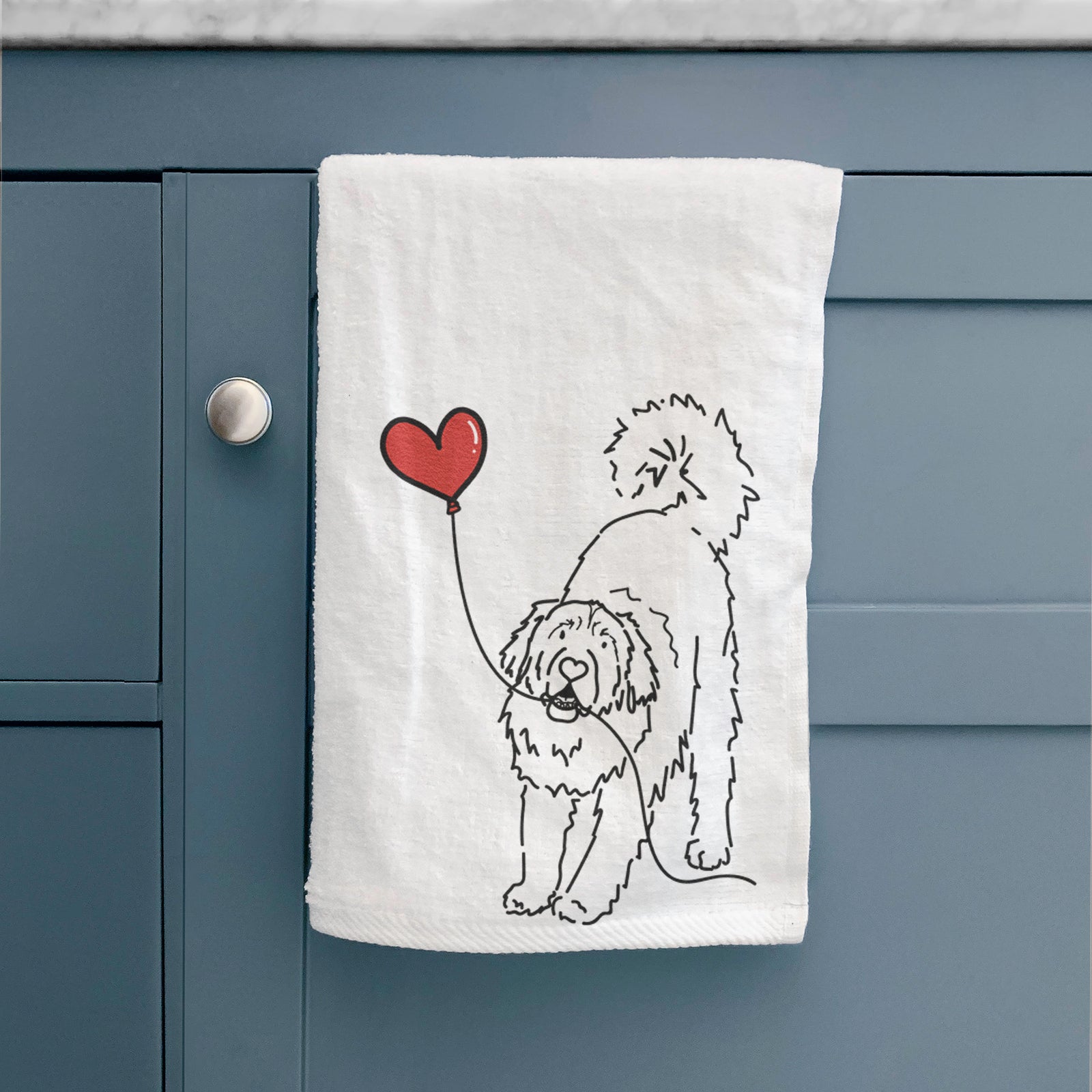 Minimalist line drawing of a Leonberger Heart String holding a heart balloon on a hand towel