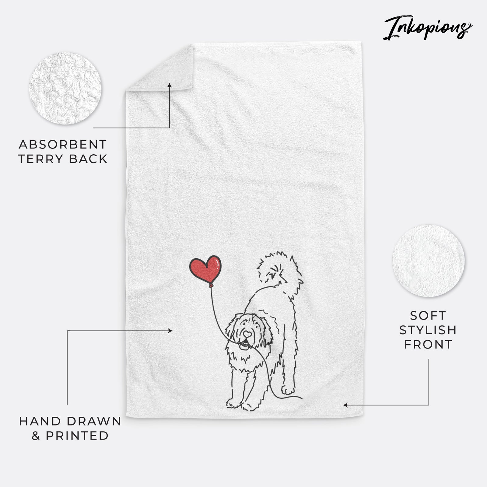 Minimalist line drawing of a Leonberger Heart String holding a heart balloon on a hand towel
