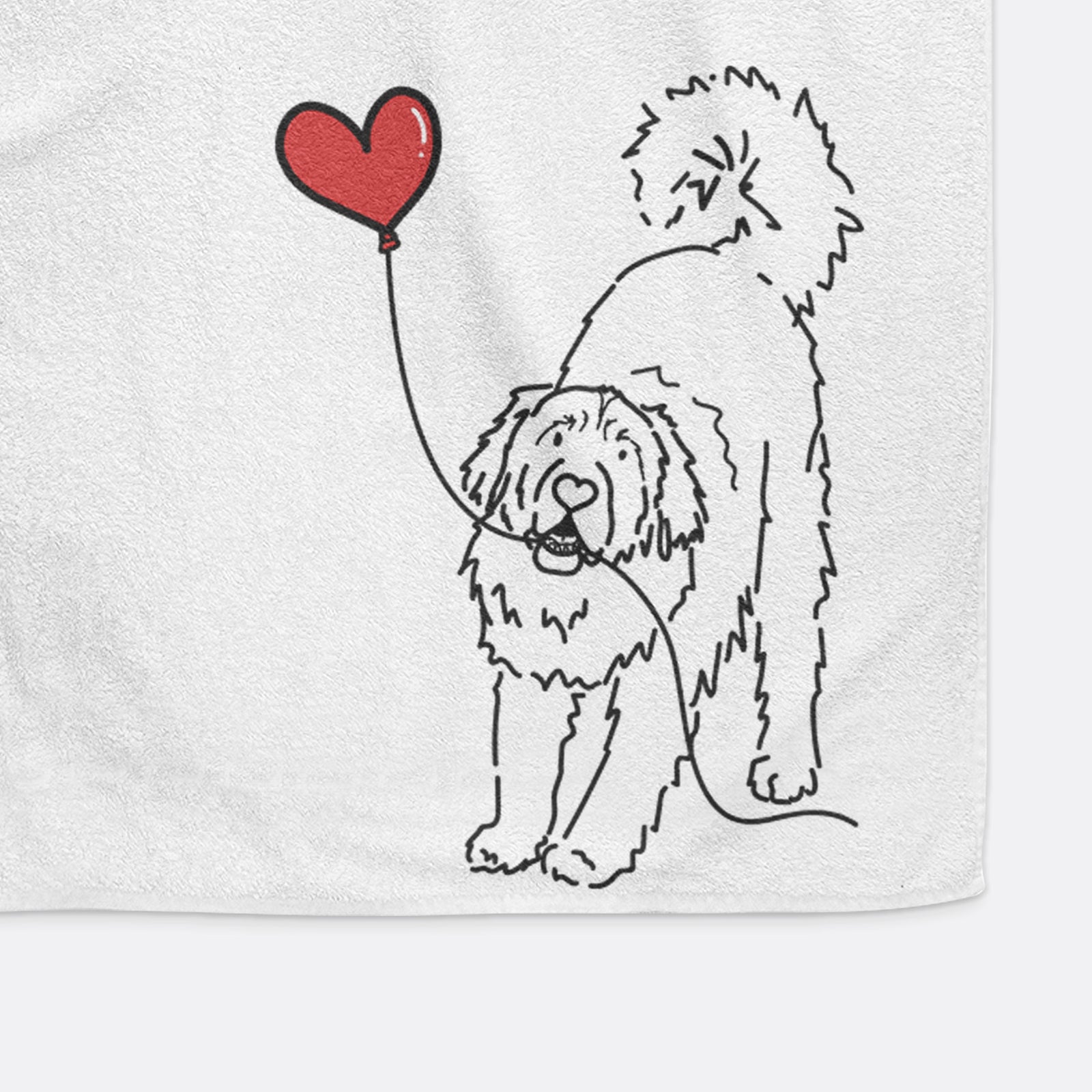 Minimalist line drawing of a Leonberger Heart String holding a heart balloon on a hand towel