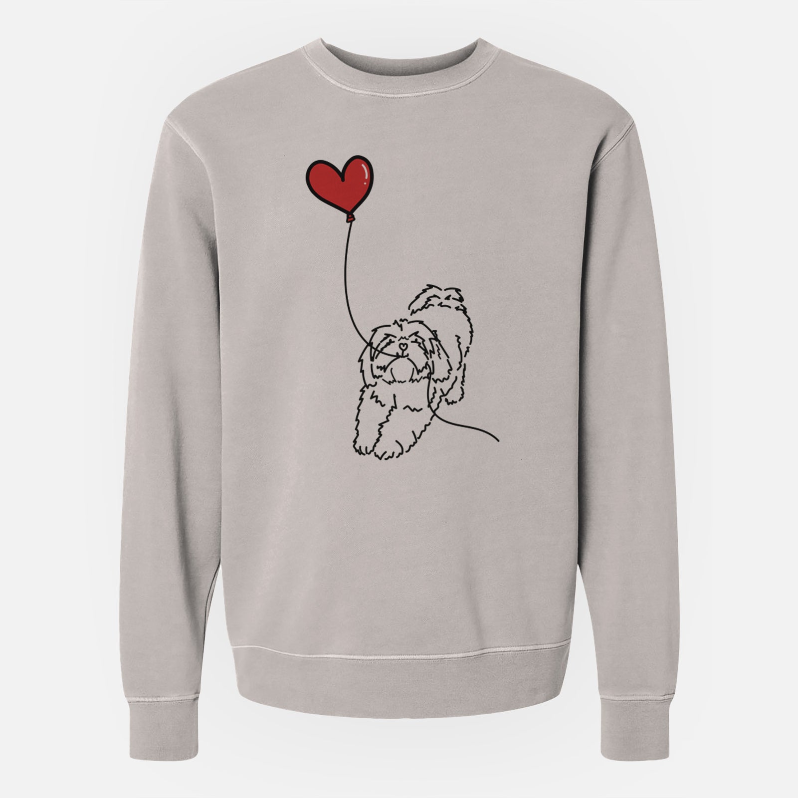Minimalist line drawing of a Lhasa Apso Heart String holding a heart balloon on a Cement Unisex pigment dyed crew sweatshirt