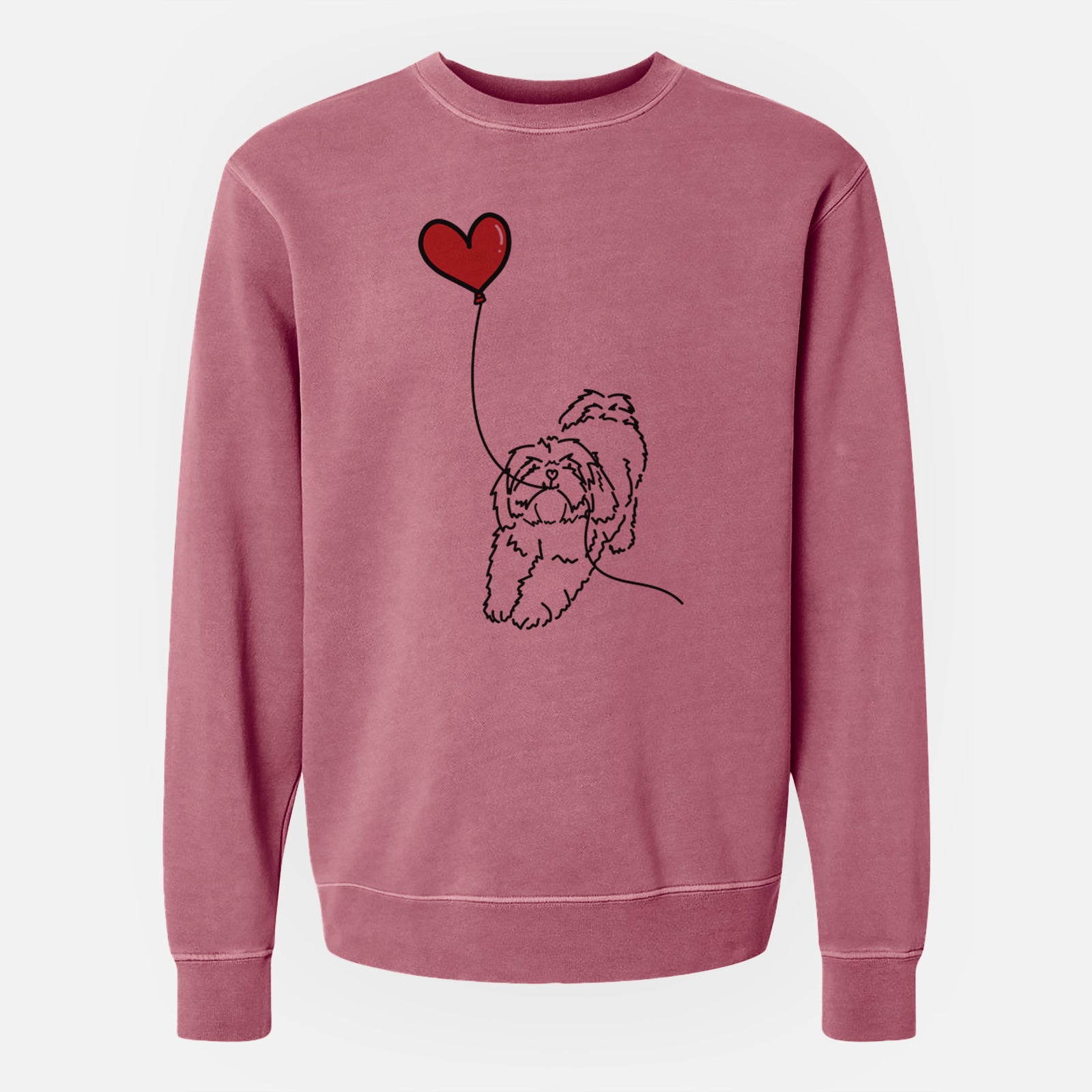 Minimalist line drawing of a Lhasa Apso Heart String holding a heart balloon on a Maroon Unisex pigment dyed crew sweatshirt