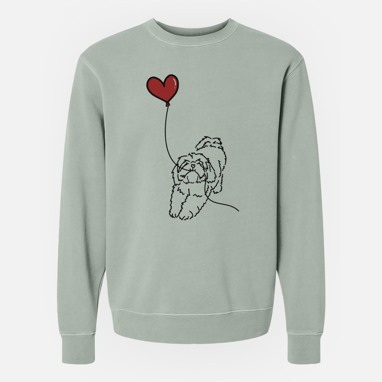 Minimalist line drawing of a Lhasa Apso Heart String holding a heart balloon on a Sage Unisex pigment dyed crew sweatshirt