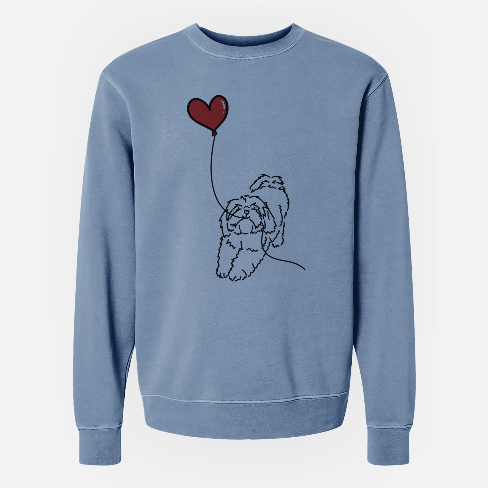 Minimalist line drawing of a Lhasa Apso Heart String holding a heart balloon on a Slate Blue Unisex pigment dyed crew sweatshirt
