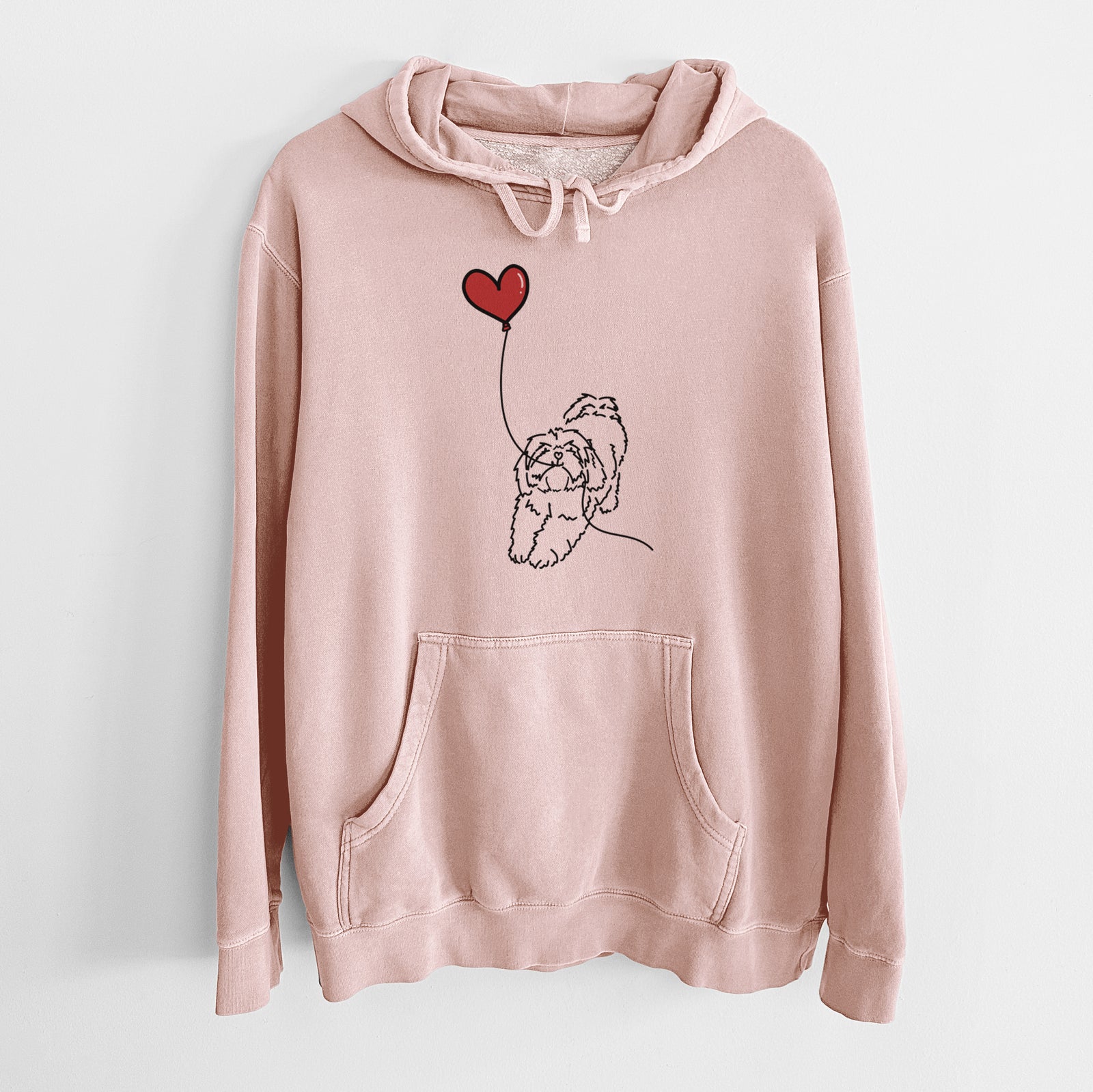 Minimalist line drawing of a Lhasa Apso Heart String holding a heart balloon on a Dusty Pink Unisex pigment dyed hoodie