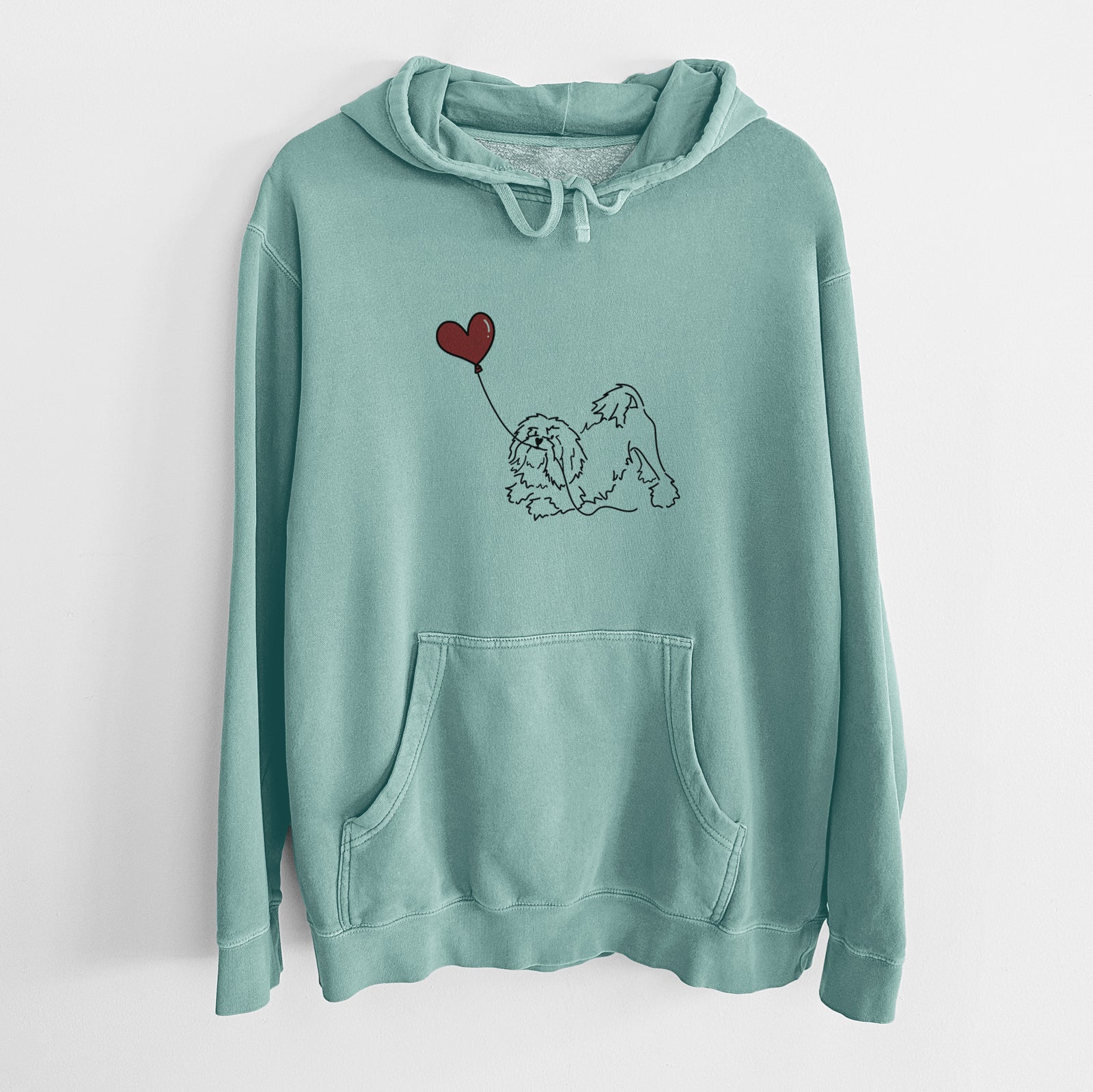 Minimalist line drawing of a Lowchen Heart String holding a heart balloon on a Mint Unisex pigment dyed hoodie