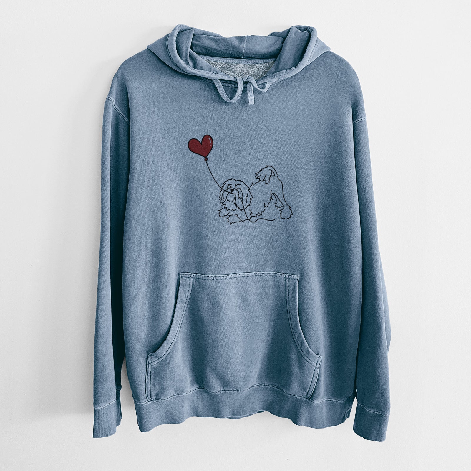 Minimalist line drawing of a Lowchen Heart String holding a heart balloon on a Slate Blue Unisex pigment dyed hoodie