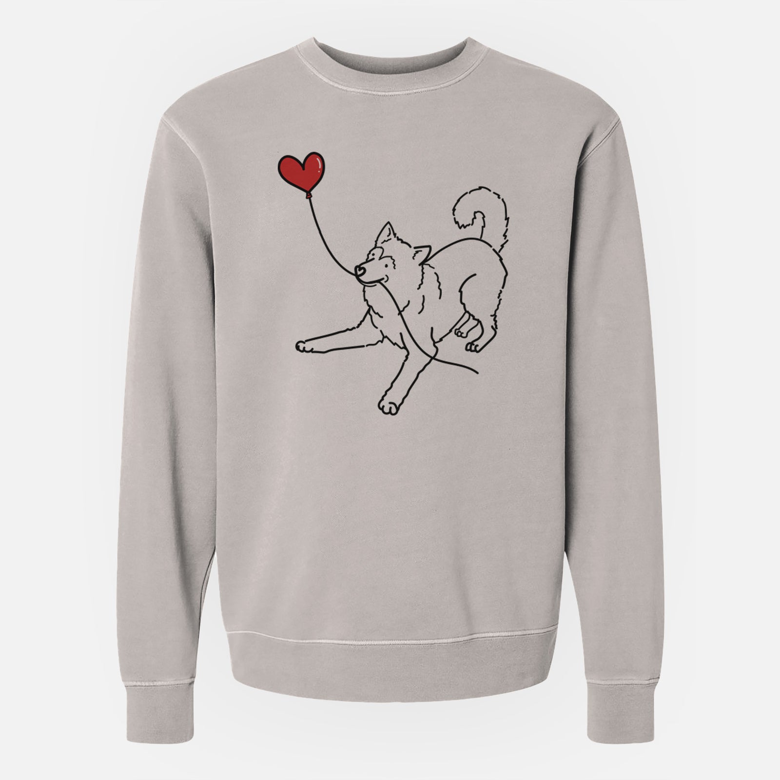 Minimalist line drawing of an Alaskan Malamute Heart String holding a heart balloon on a Cement Unisex pigment dyed crew sweatshirt