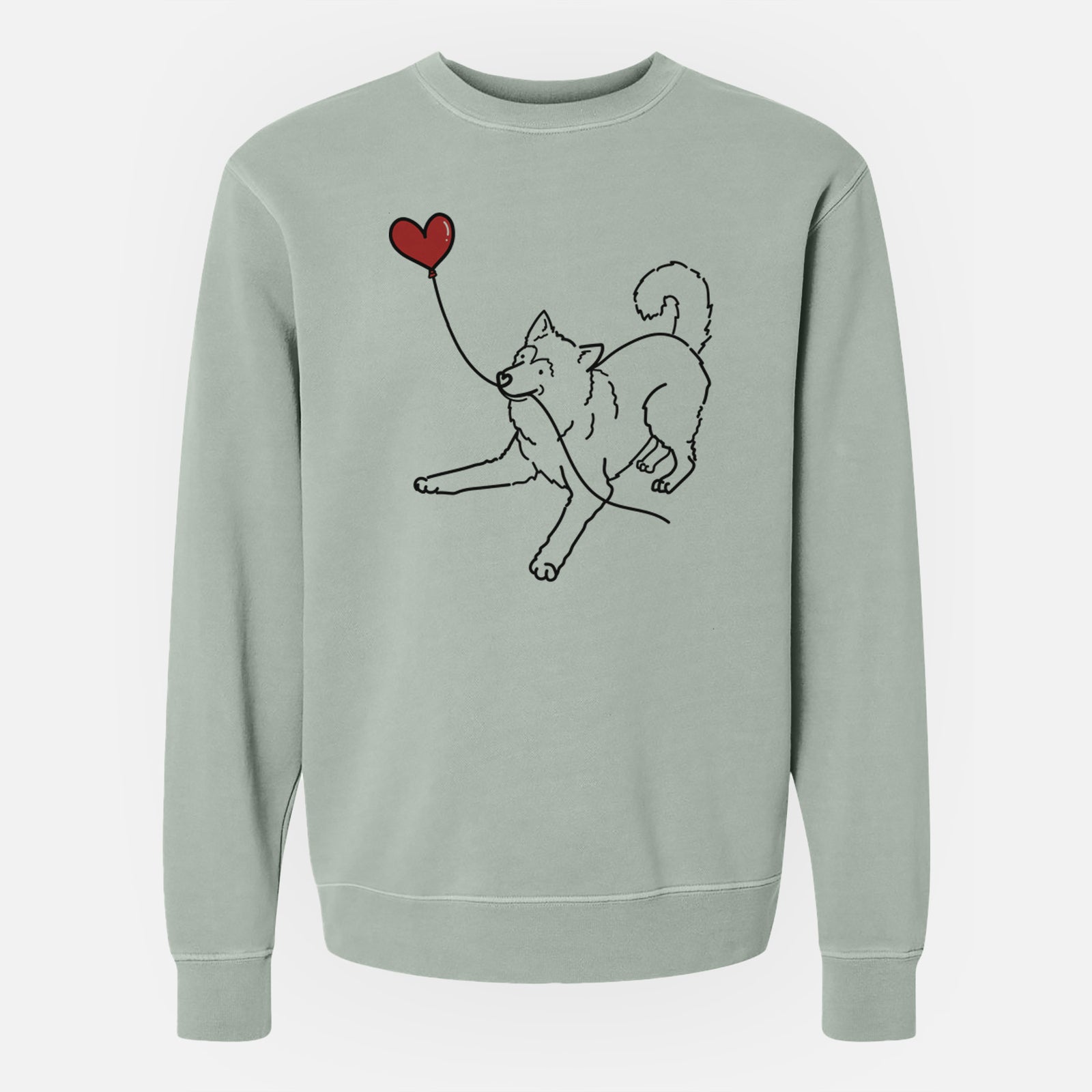 Minimalist line drawing of an Alaskan Malamute Heart String holding a heart balloon on a Sage Unisex pigment dyed crew sweatshirt