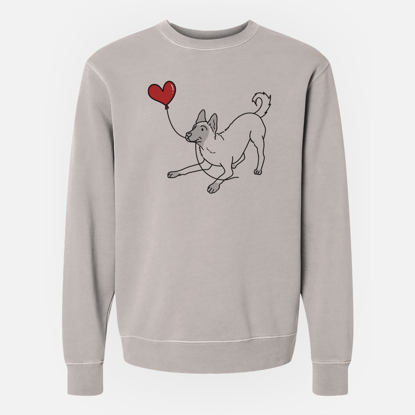 Minimalist line drawing of a Belgian Malinois Heart String holding a heart balloon on a Cement Unisex pigment dyed crew sweatshirt