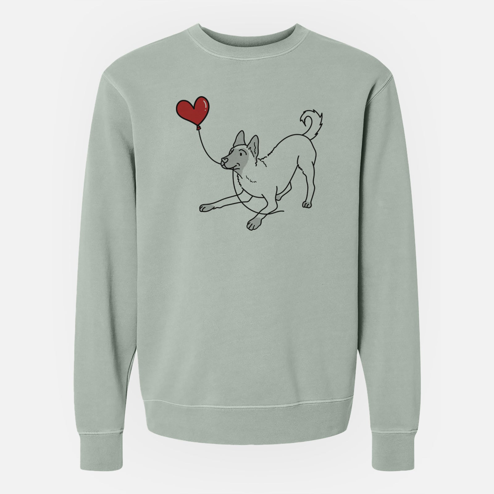 Minimalist line drawing of a Belgian Malinois Heart String holding a heart balloon on a Sage Unisex pigment dyed crew sweatshirt