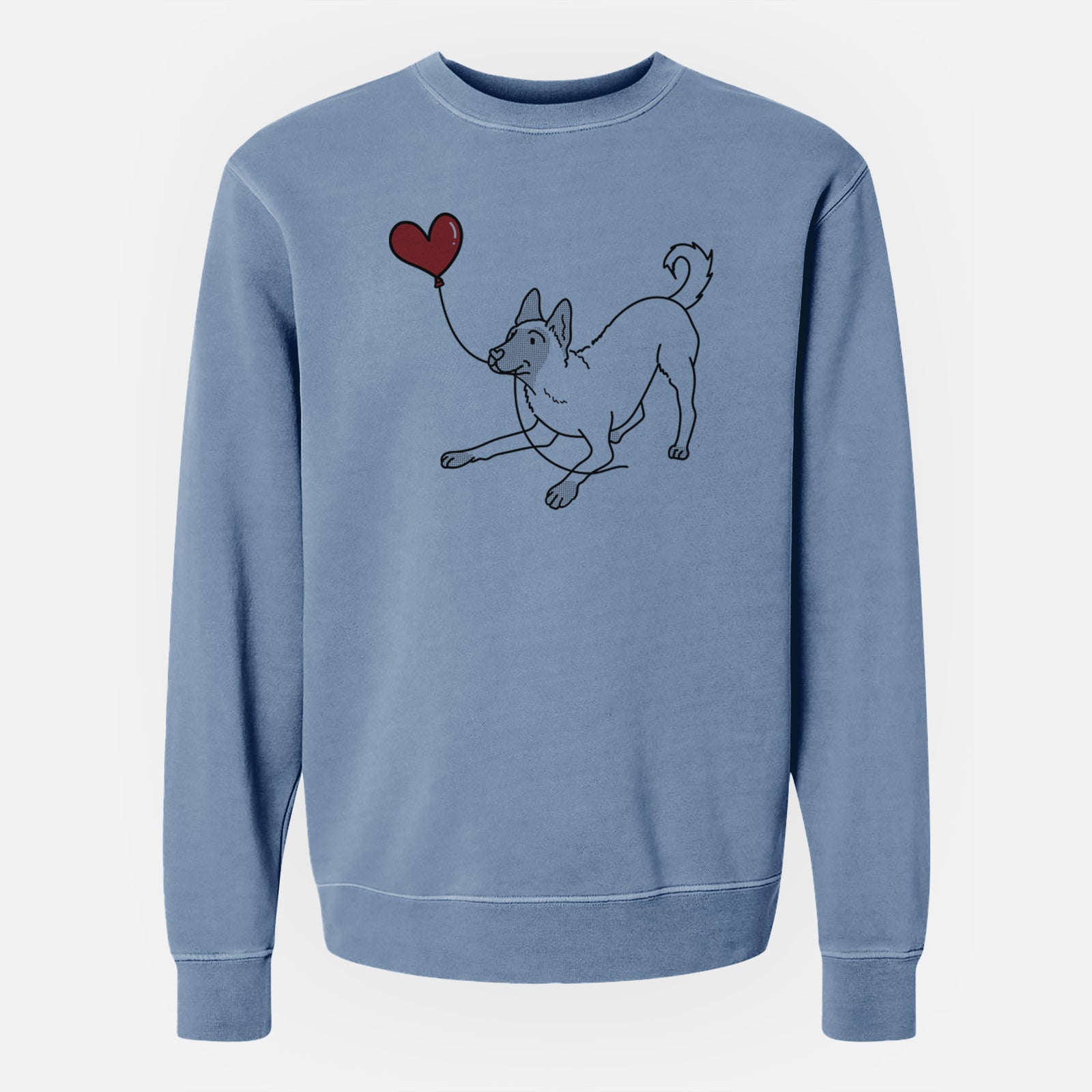 Minimalist line drawing of a Belgian Malinois Heart String holding a heart balloon on a Slate Blue Unisex pigment dyed crew sweatshirt