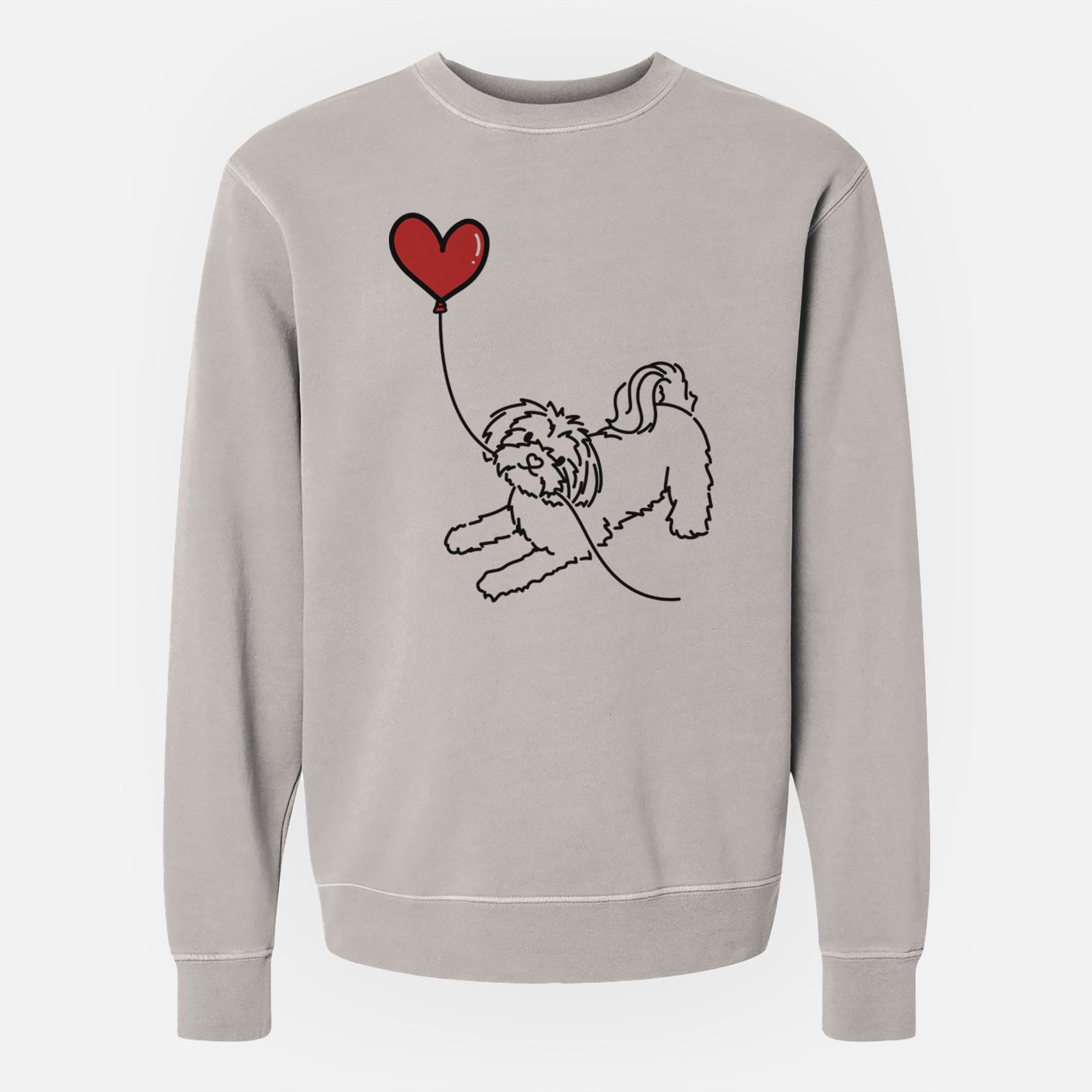 Minimalist line drawing of a Maltese Heart String holding a heart balloon on a Cement Unisex pigment dyed crew sweatshirt