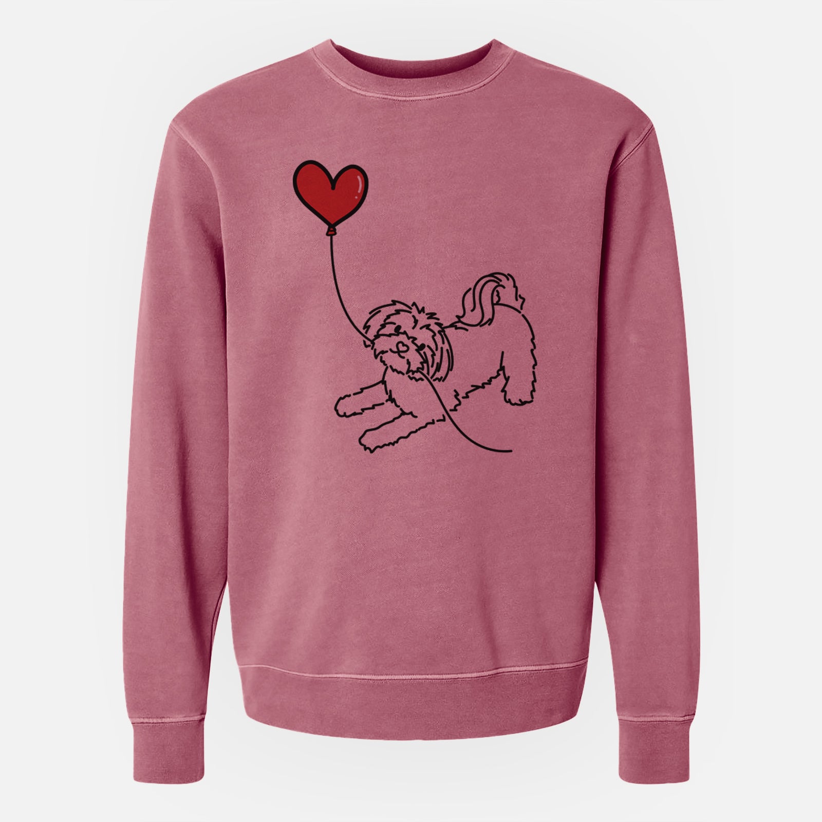 Minimalist line drawing of a Maltese Heart String holding a heart balloon on a Maroon Unisex pigment dyed crew sweatshirt