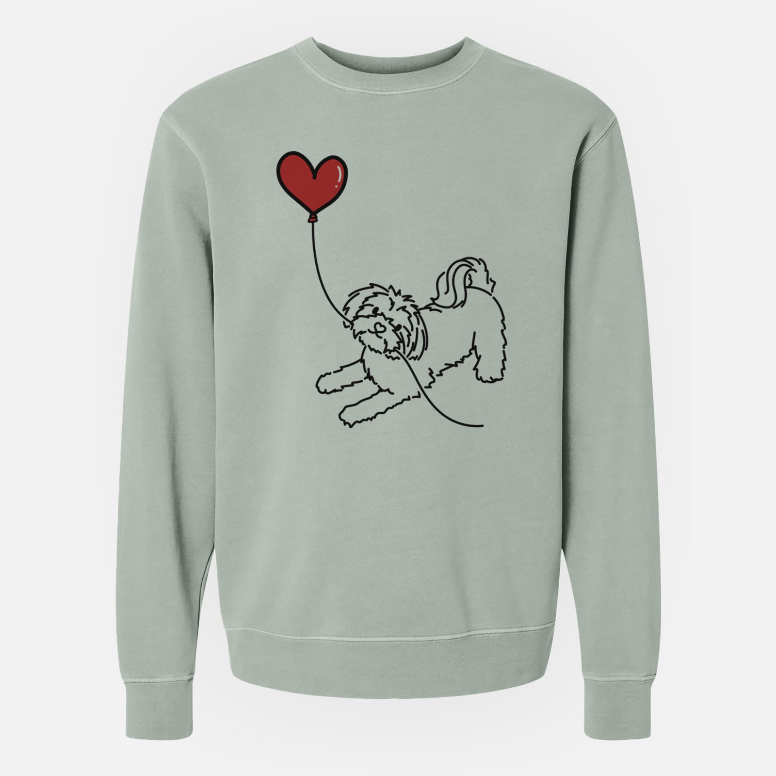 Minimalist line drawing of a Maltese Heart String holding a heart balloon on a Sage Unisex pigment dyed crew sweatshirt