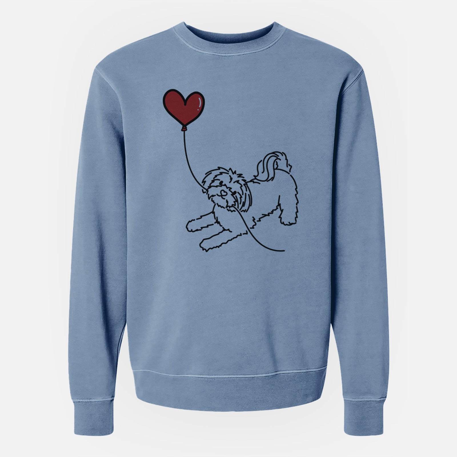 Minimalist line drawing of a Maltese Heart String holding a heart balloon on a Slate Blue Unisex pigment dyed crew sweatshirt