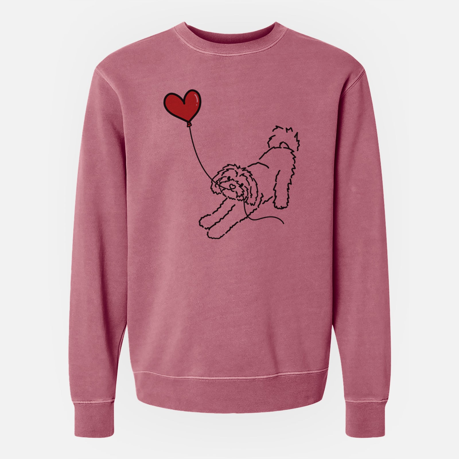 Minimalist line drawing of a Maltipoo Heart String holding a heart balloon on a Maroon Unisex pigment dyed crew sweatshirt
