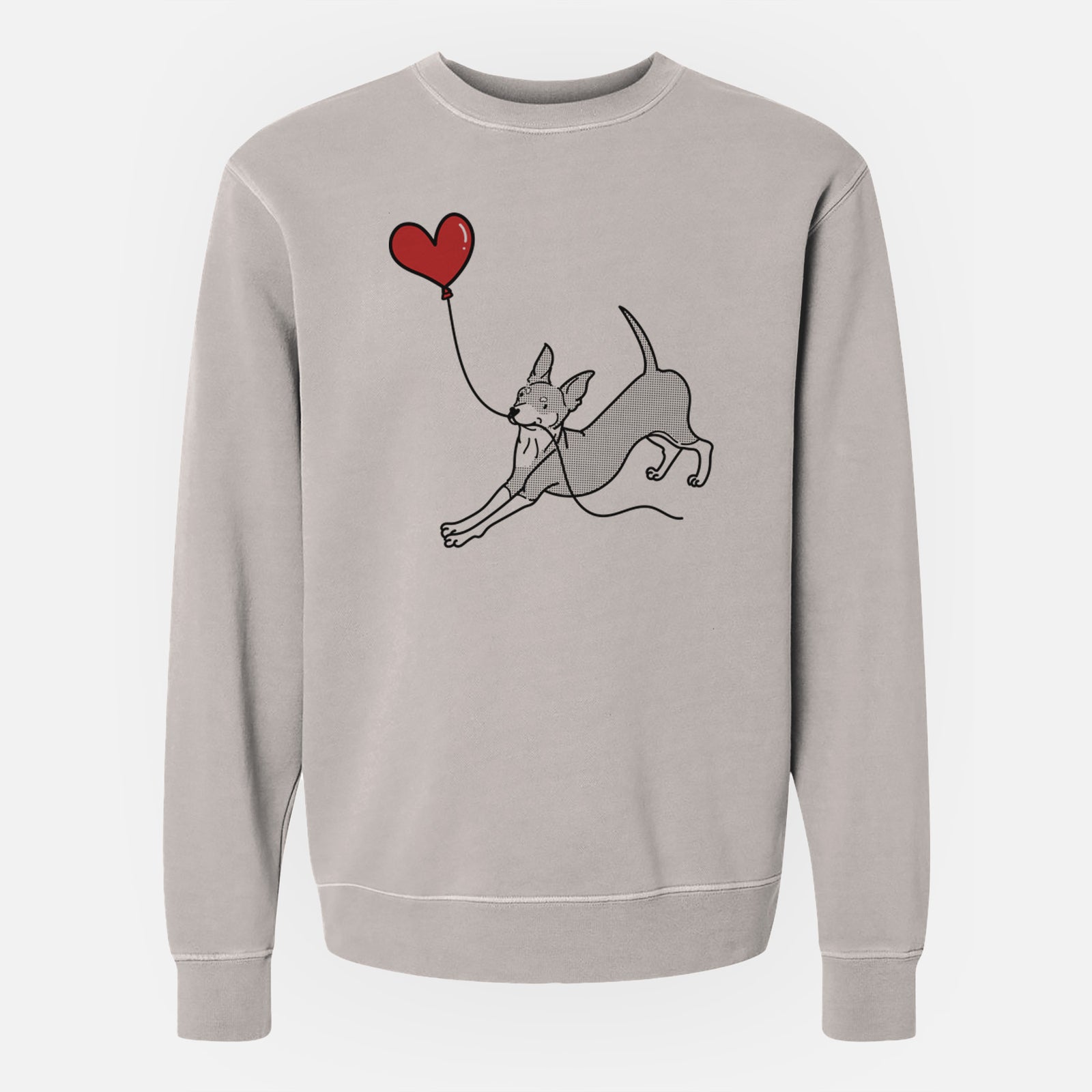 Minimalist line drawing of a Mini Pinscher Heart String holding a heart balloon on a Cement Unisex pigment dyed crew sweatshirt