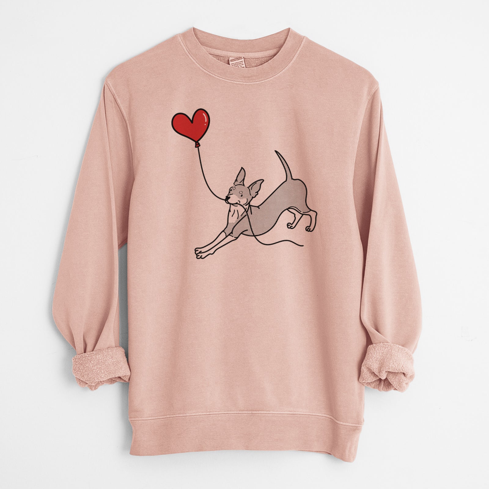 Minimalist line drawing of a Mini Pinscher Heart String holding a heart balloon on a Dusty Pink Unisex pigment dyed crew sweatshirt