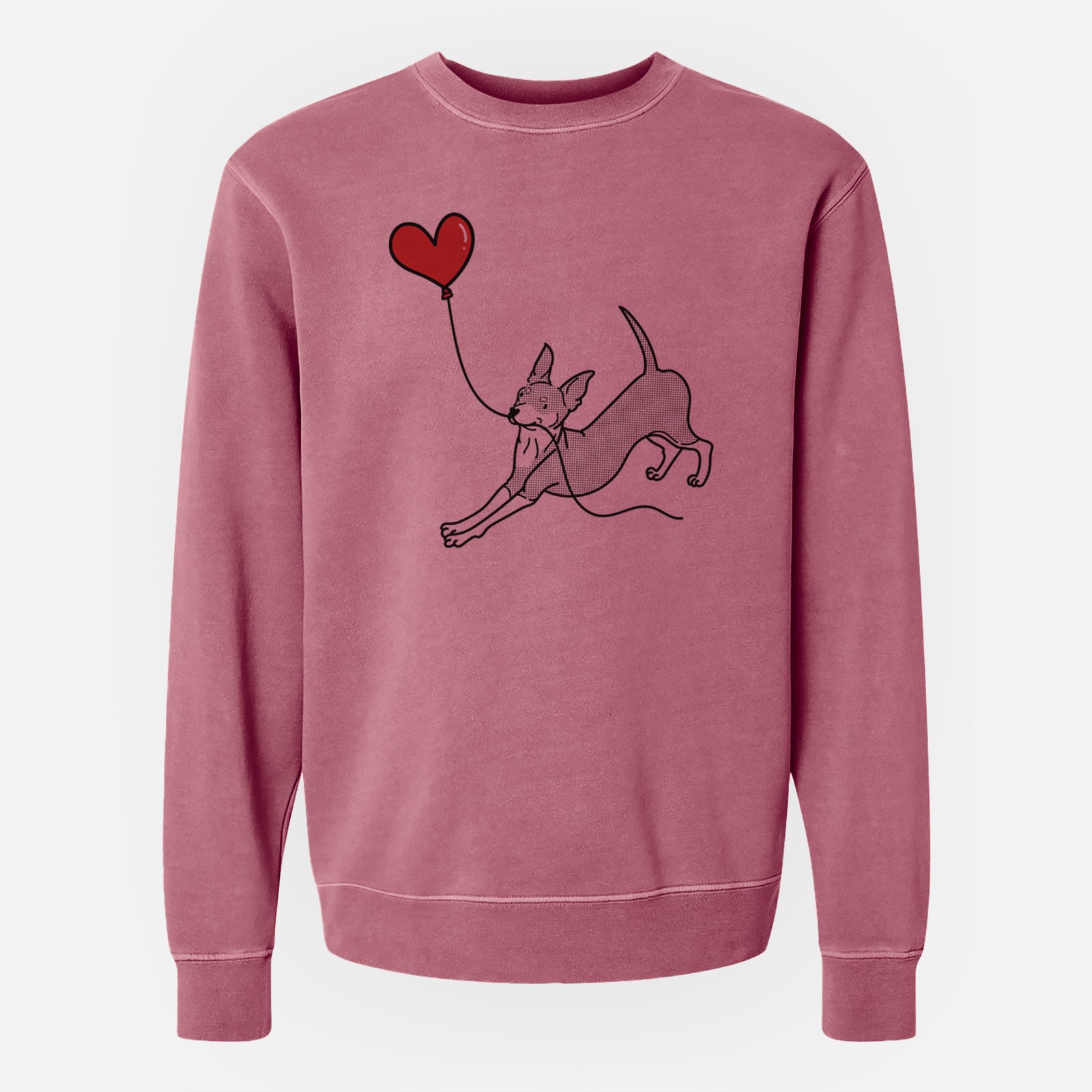 Minimalist line drawing of a Mini Pinscher Heart String holding a heart balloon on a Maroon Unisex pigment dyed crew sweatshirt