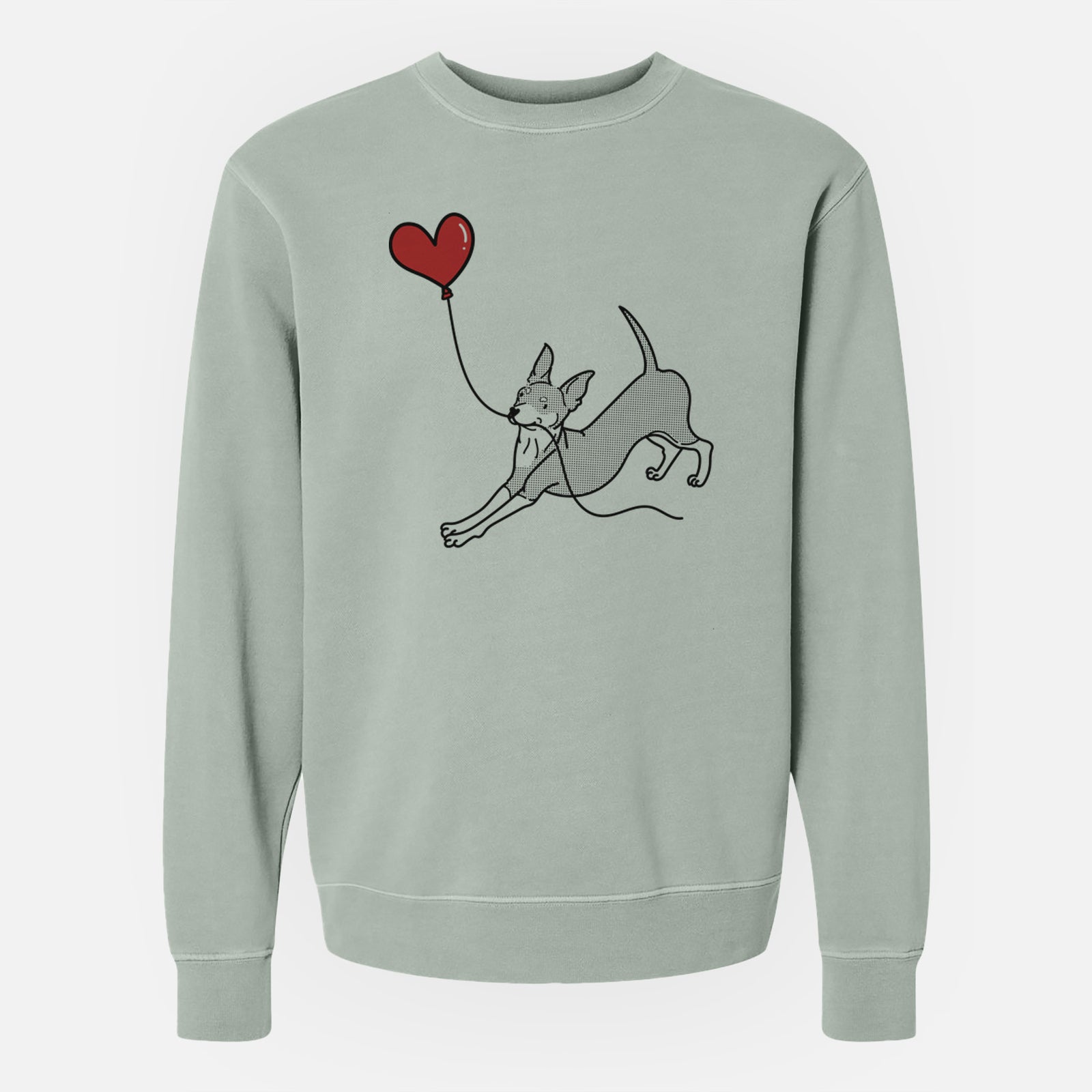 Minimalist line drawing of a Mini Pinscher Heart String holding a heart balloon on a Sage Unisex pigment dyed crew sweatshirt