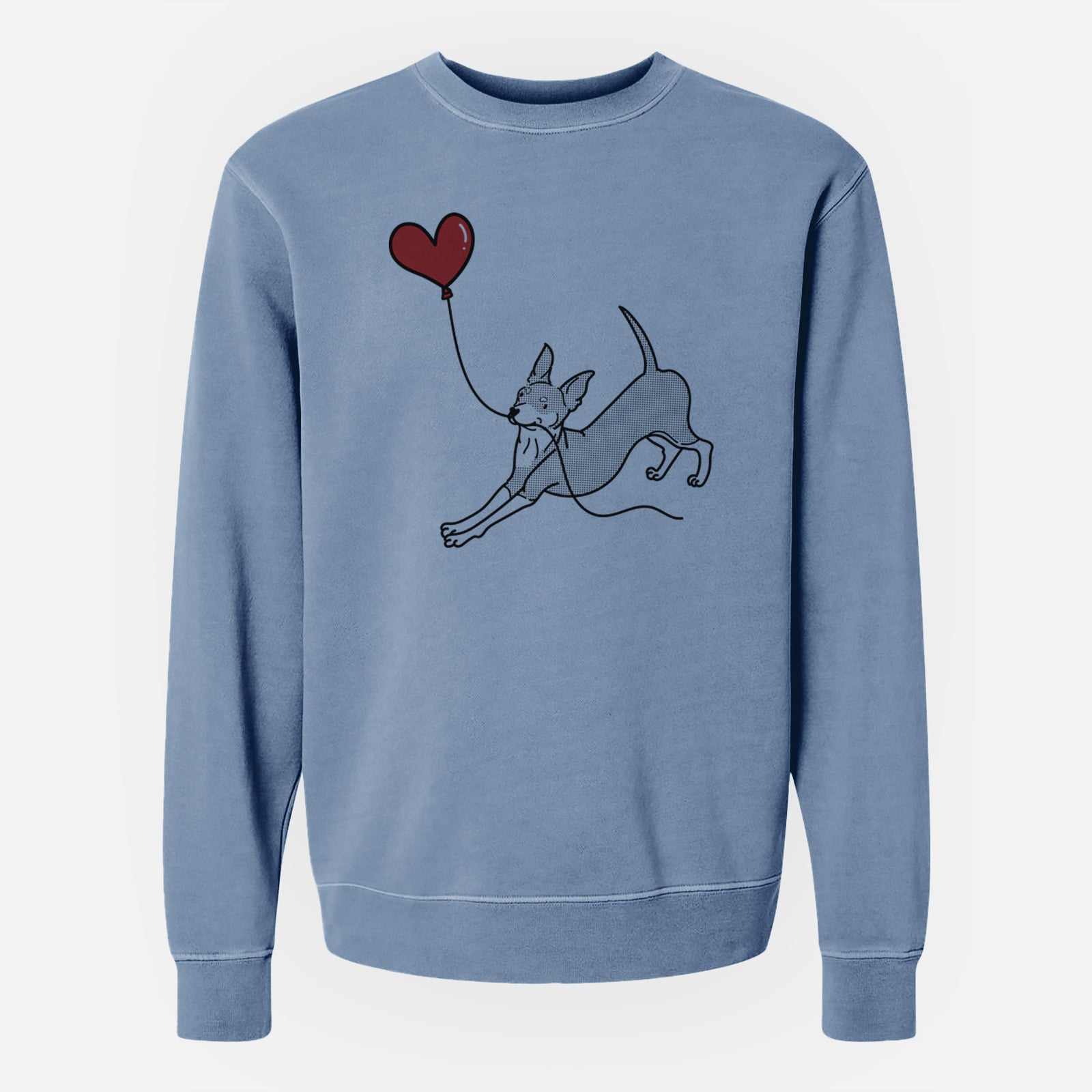 Minimalist line drawing of a Mini Pinscher Heart String holding a heart balloon on a Slate Blue Unisex pigment dyed crew sweatshirt