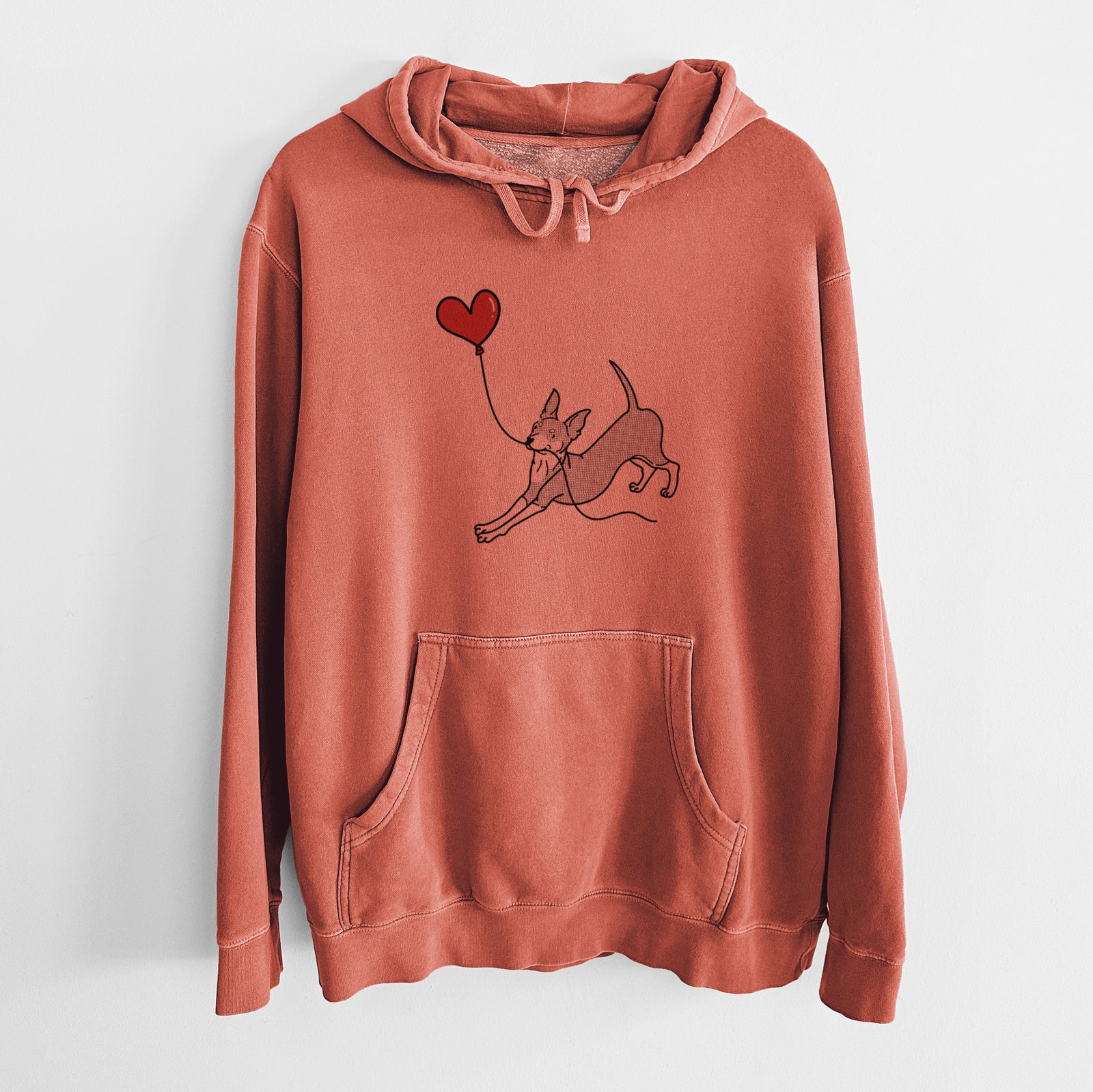 Minimalist line drawing of a Mini Pinscher Heart String holding a heart balloon on an Amber Unisex pigment dyed hoodie