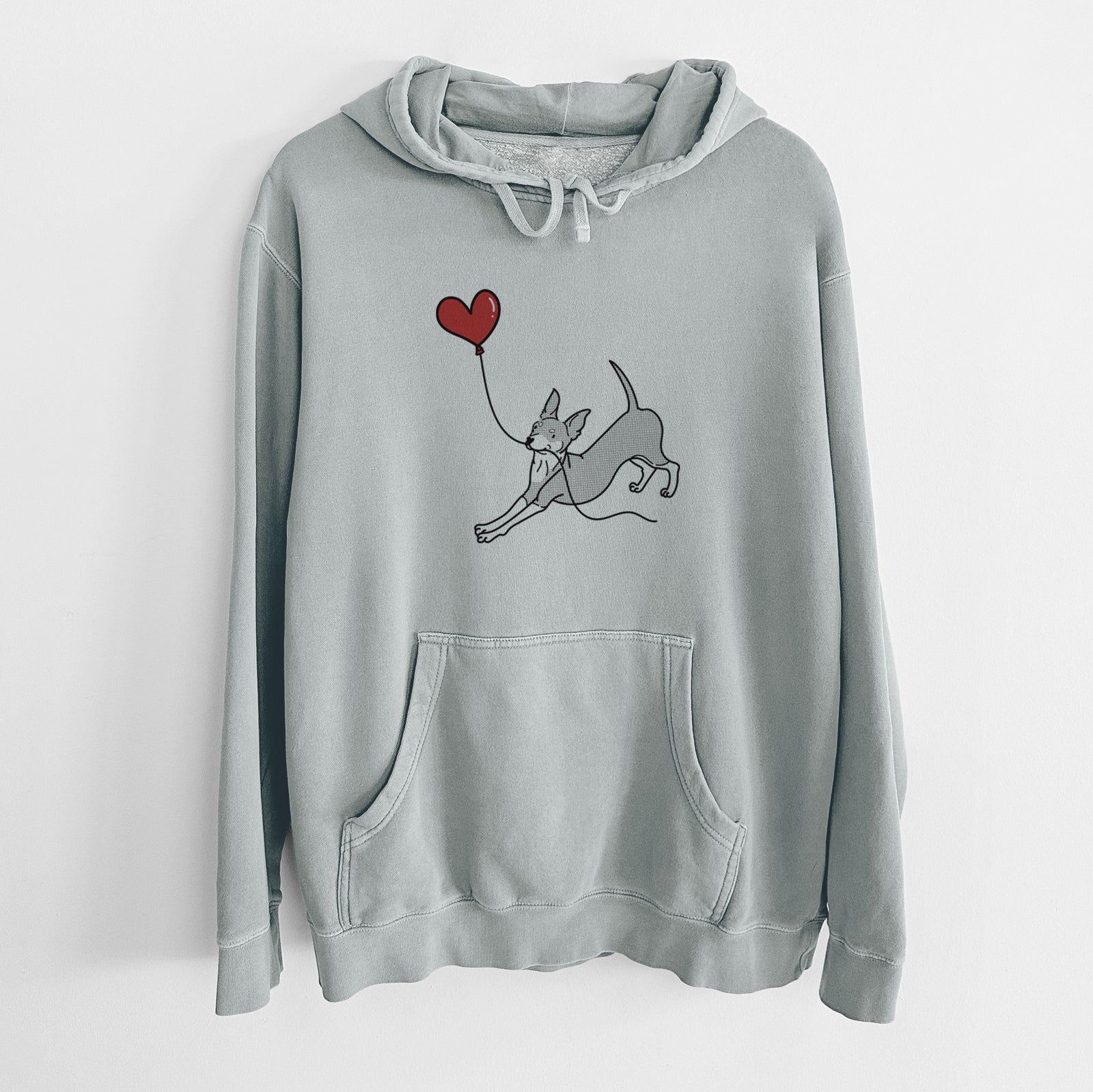 Minimalist line drawing of a Mini Pinscher Heart String holding a heart balloon on a Sage Unisex pigment dyed hoodie