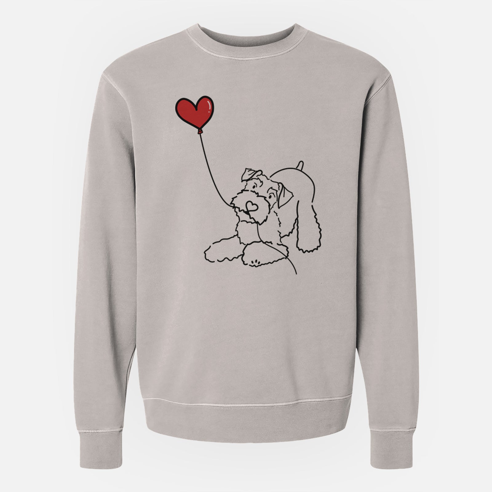 Minimalist line drawing of a Mini Schnauzer Heart String holding a heart balloon on a Cement Unisex pigment dyed crew sweatshirt