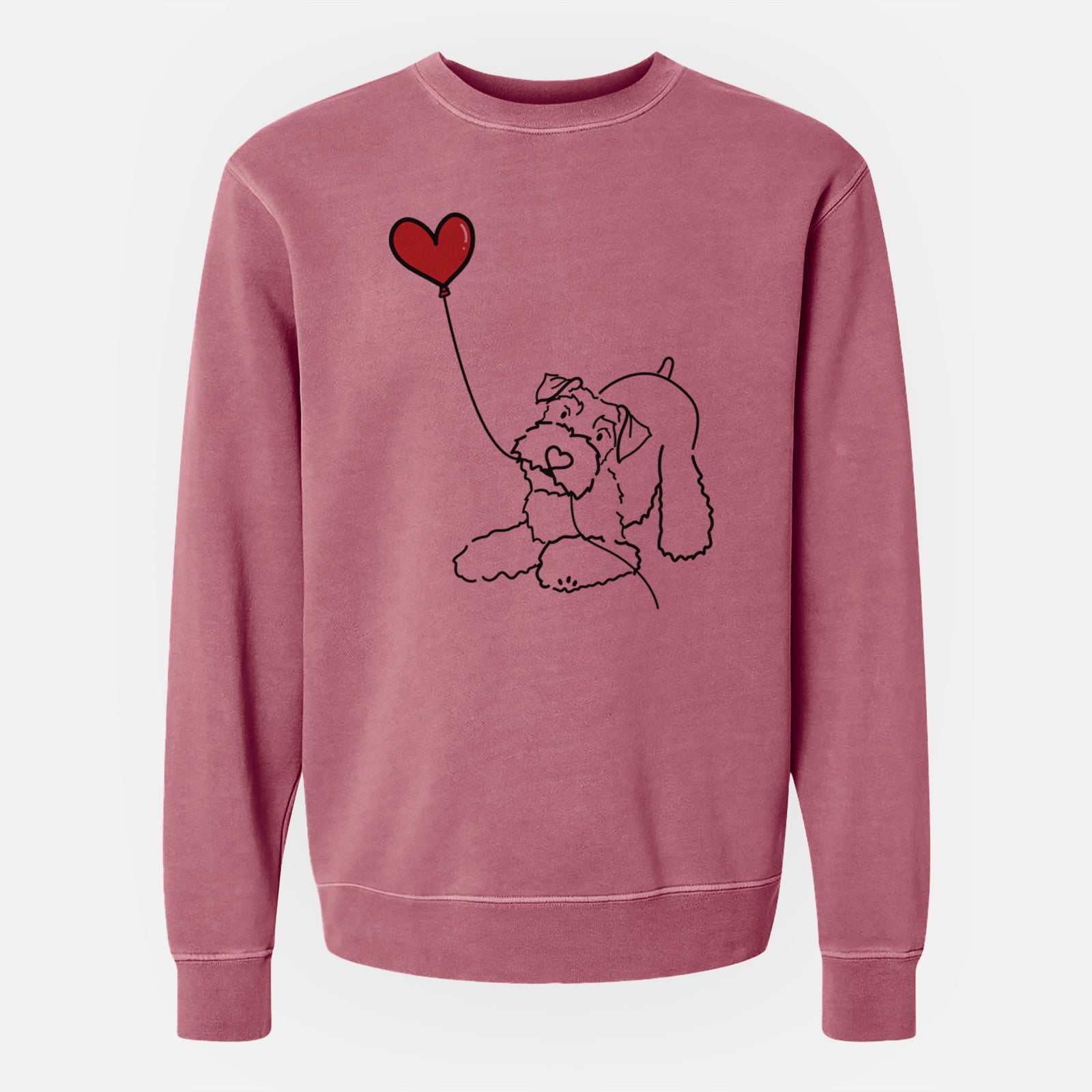 Minimalist line drawing of a Mini Schnauzer Heart String holding a heart balloon on a Maroon Unisex pigment dyed crew sweatshirt