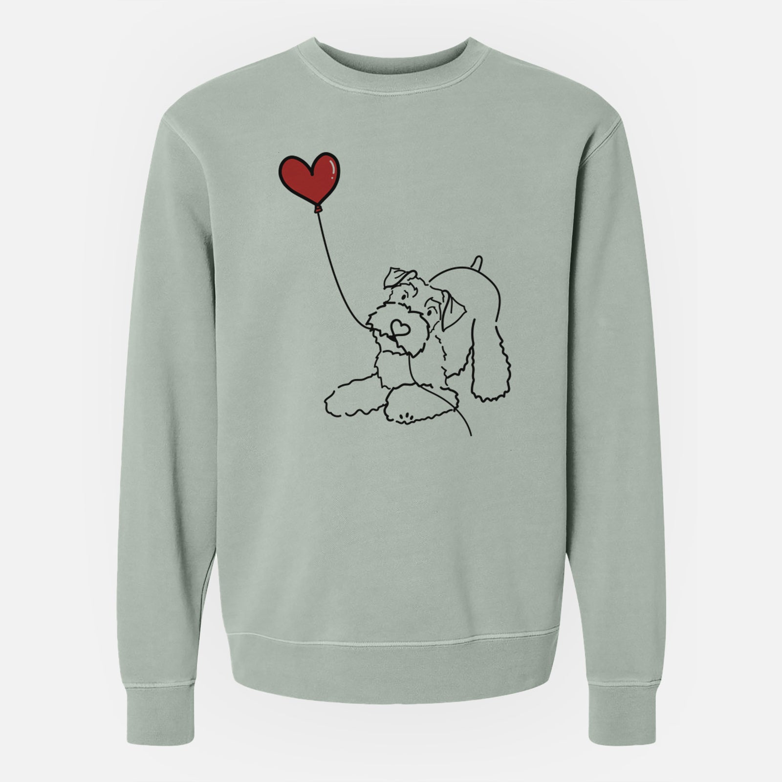 Minimalist line drawing of a Mini Schnauzer Heart String holding a heart balloon on a Sage Unisex pigment dyed crew sweatshirt