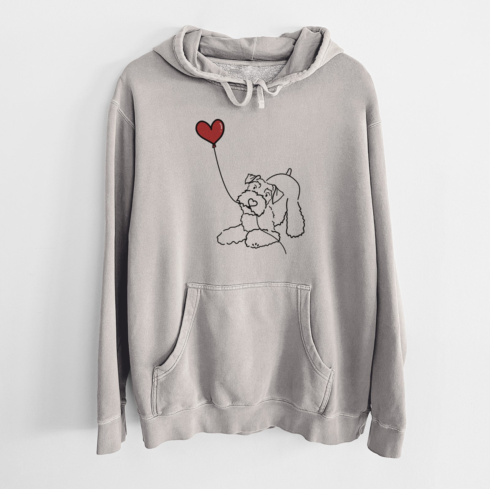 Minimalist line drawing of a Mini Schnauzer Heart String holding a heart balloon on a Cement Unisex pigment dyed hoodie