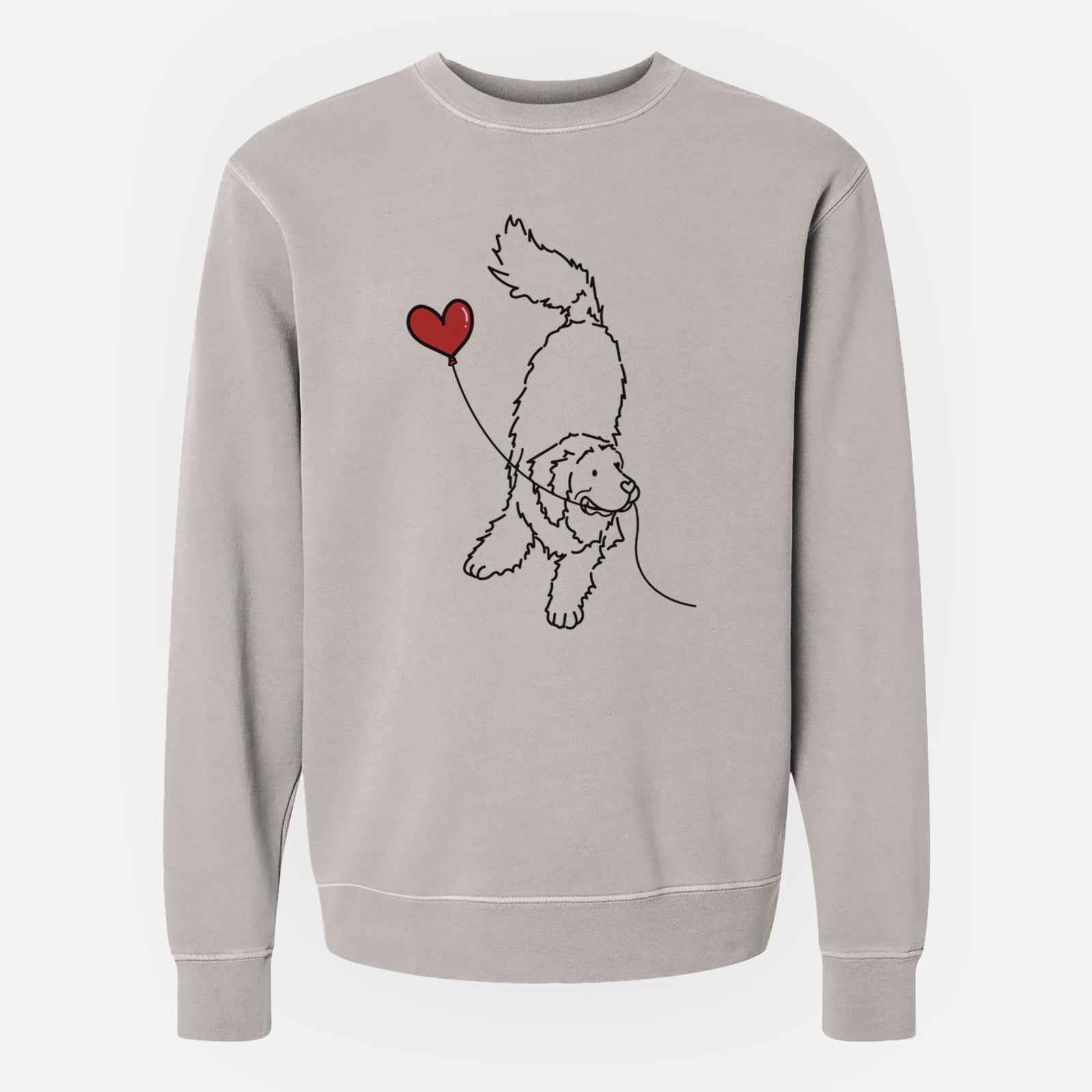 Minimalist line drawing of a Newfoundland Heart String holding a heart balloon on a Cement Unisex pigment dyed crew sweatshirt