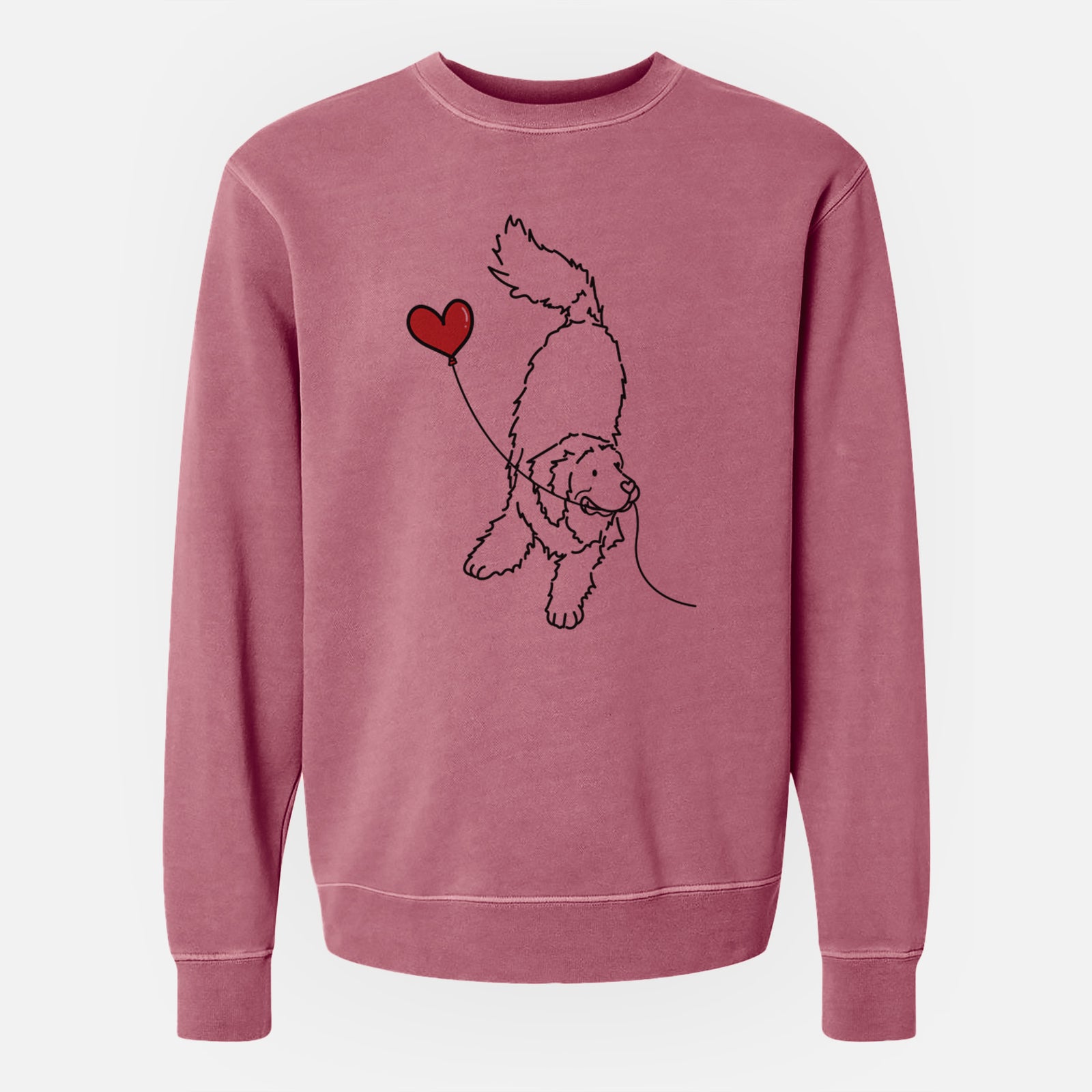 Minimalist line drawing of a Newfoundland Heart String holding a heart balloon on a Maroon Unisex pigment dyed crew sweatshirt