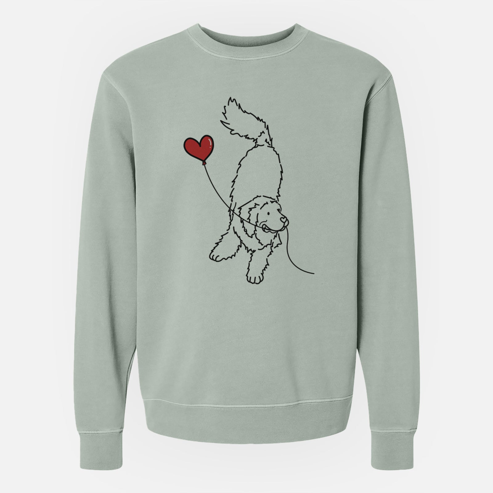 Minimalist line drawing of a Newfoundland Heart String holding a heart balloon on a Sage Unisex pigment dyed crew sweatshirt