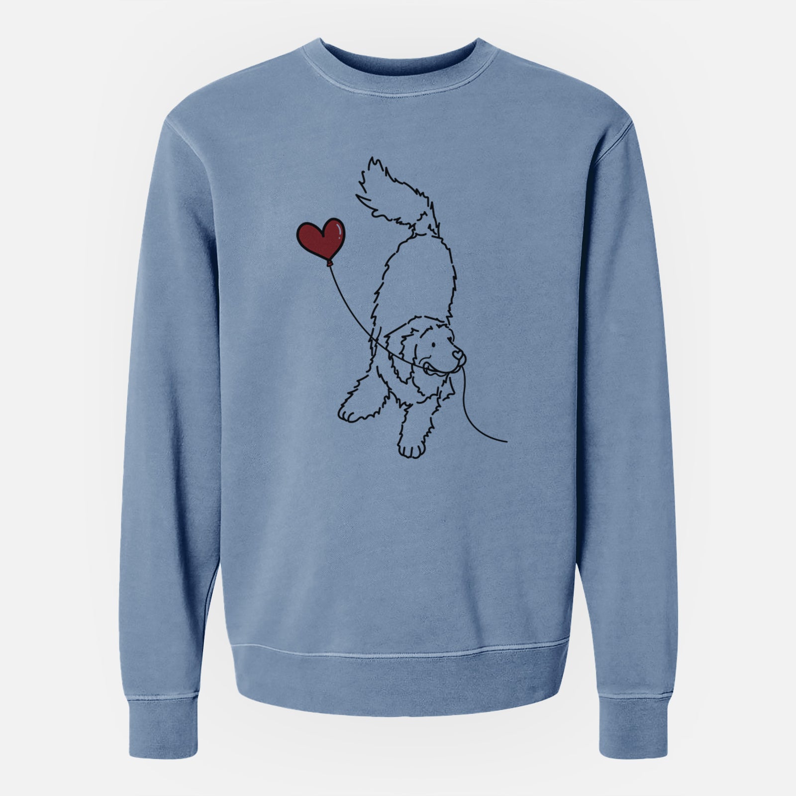 Minimalist line drawing of a Newfoundland Heart String holding a heart balloon on a Slate Blue Unisex pigment dyed crew sweatshirt