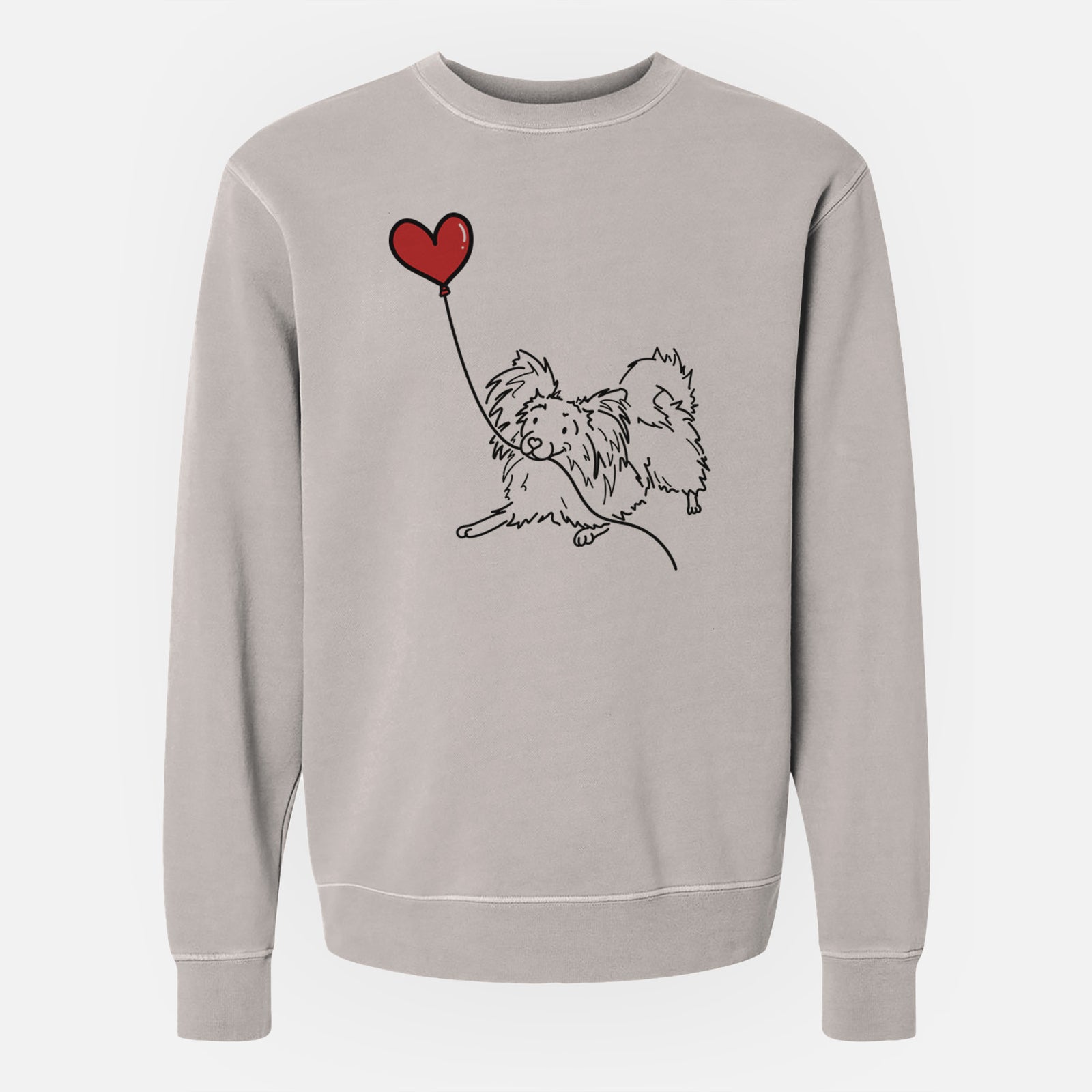 Minimalist line drawing of a Papillon Heart String holding a heart balloon on a Cement Unisex pigment dyed crew sweatshirt
