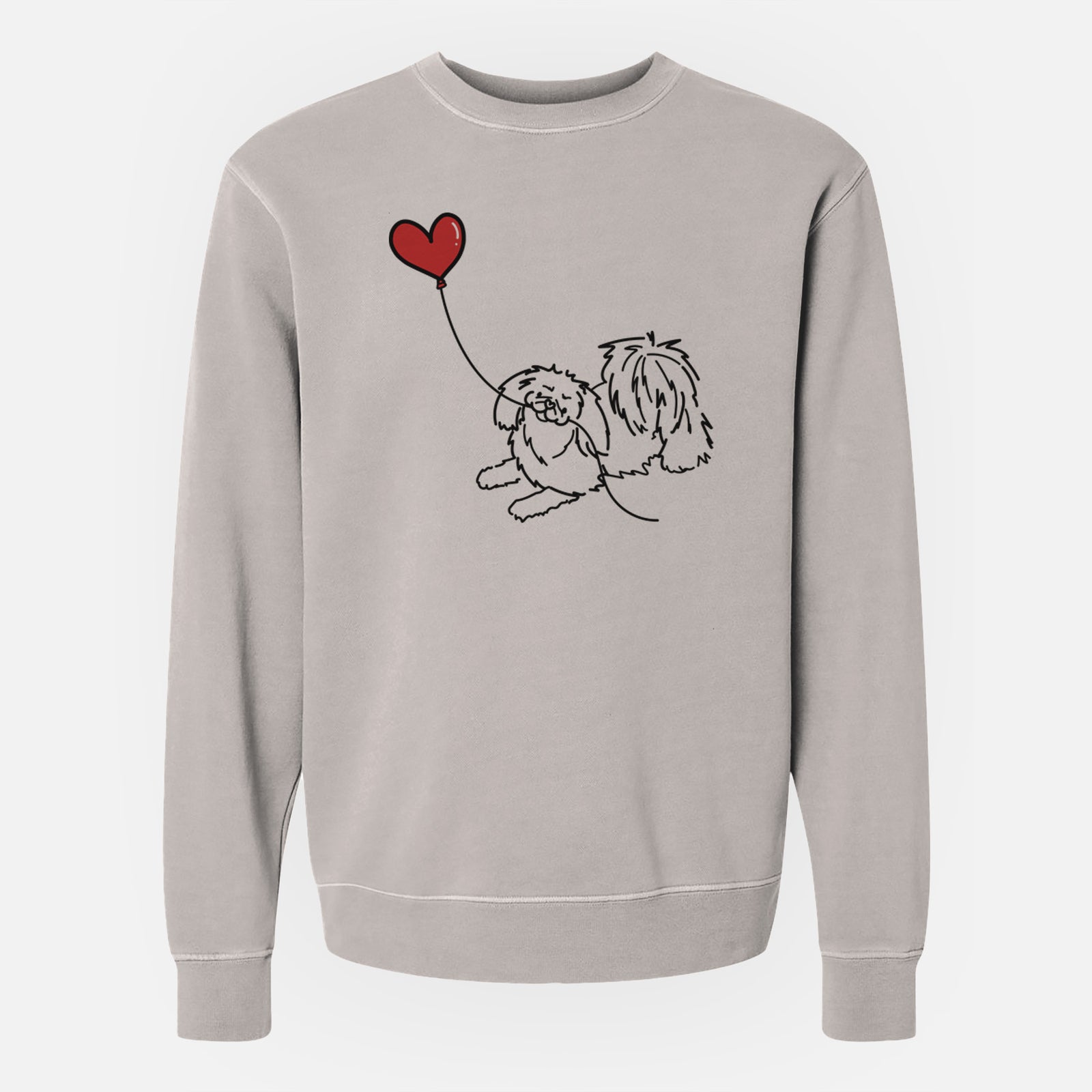Minimalist line drawing of a Pekingese Heart String holding a heart balloon on a Cement Unisex pigment dyed crew sweatshirt
