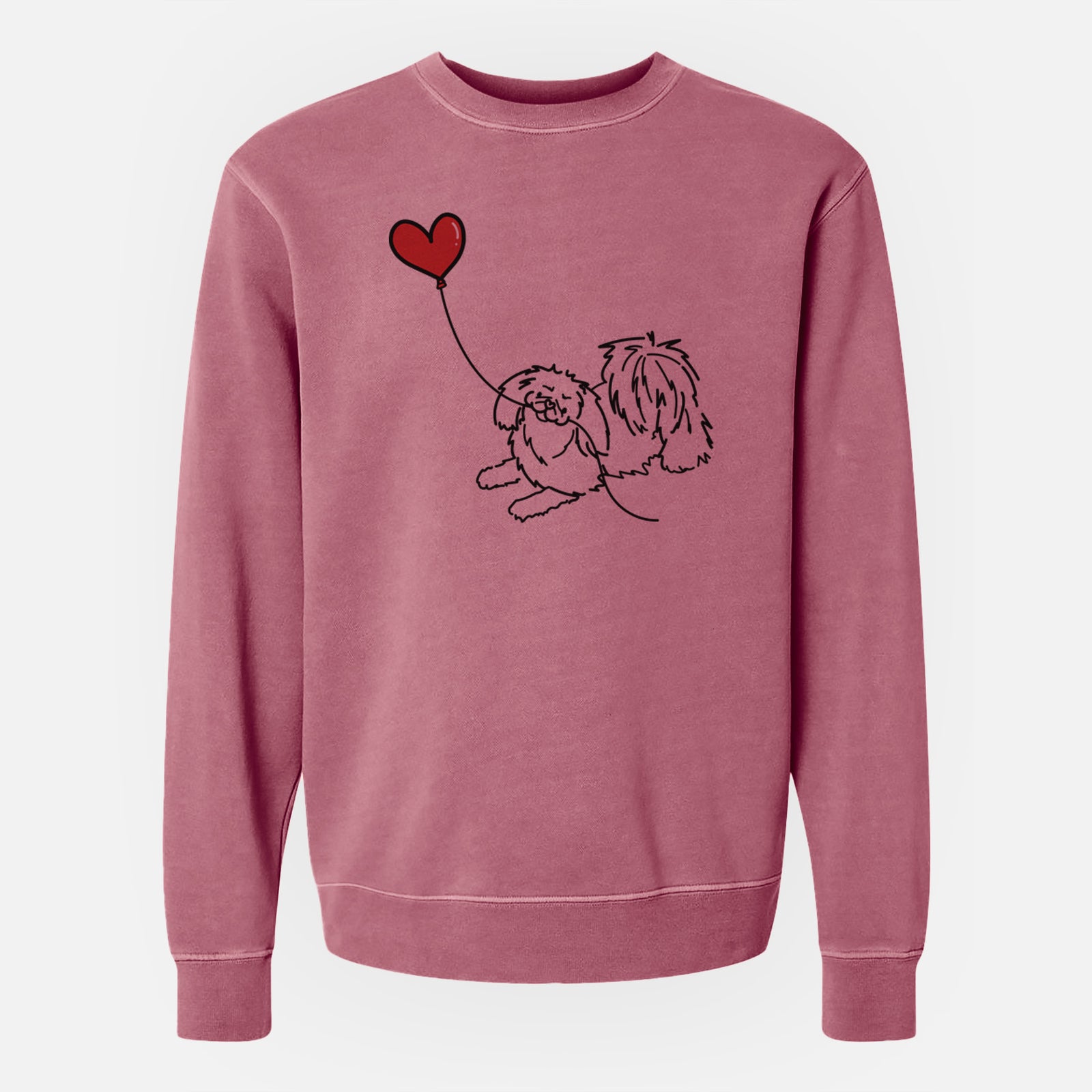 Minimalist line drawing of a Pekingese Heart String holding a heart balloon on a Maroon Unisex pigment dyed crew sweatshirt