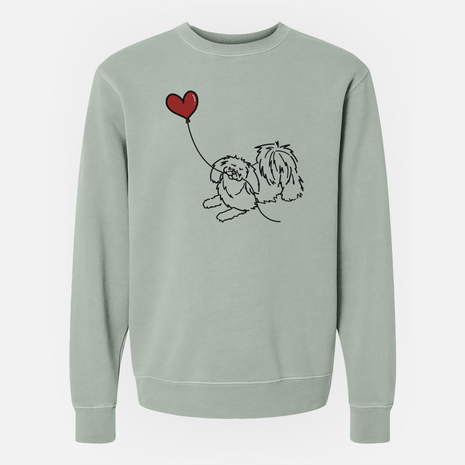 Minimalist line drawing of a Pekingese Heart String holding a heart balloon on a Sage Unisex pigment dyed crew sweatshirt