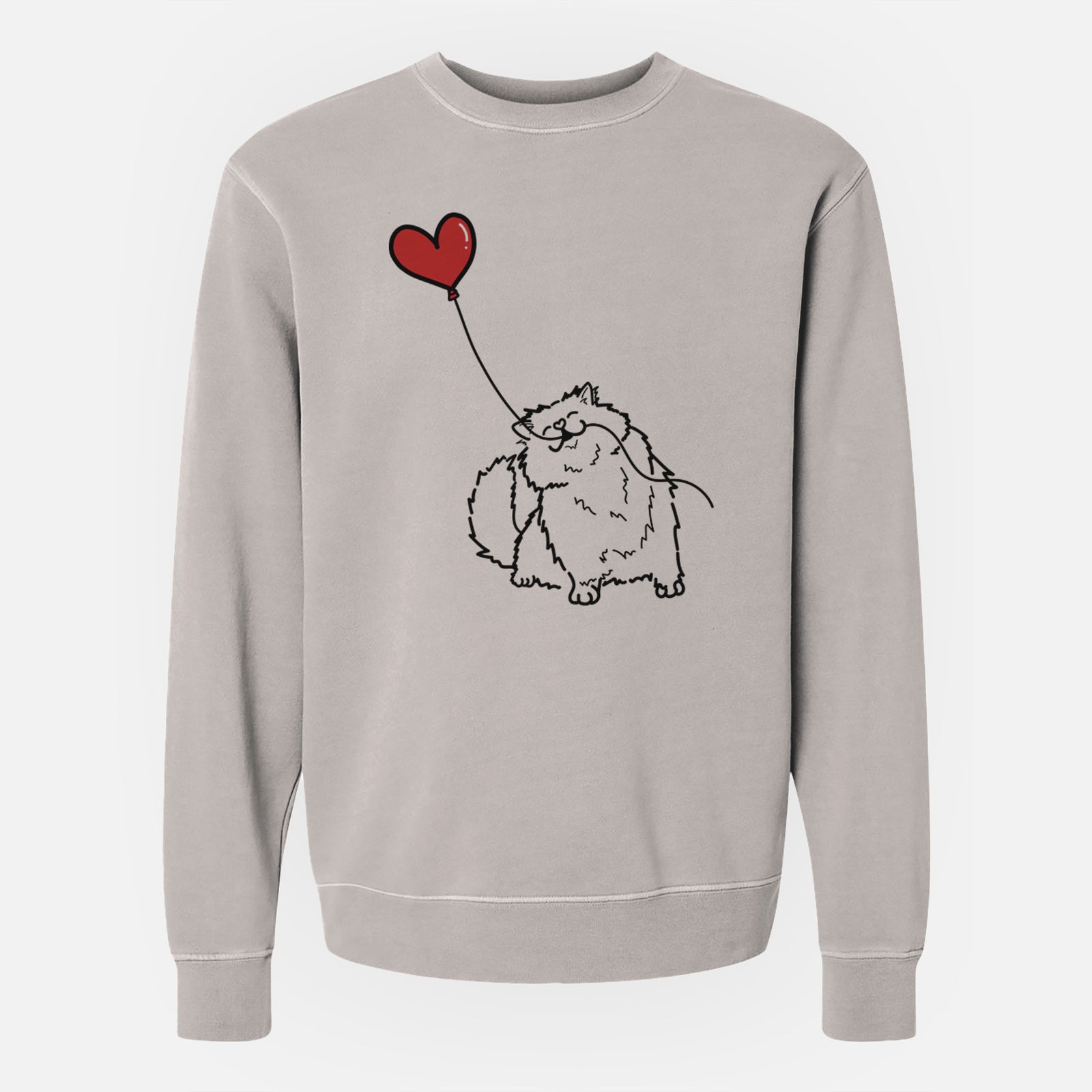 Minimalist line drawing of a Persian Cat Heart String holding a heart balloon on a Cement Unisex pigment dyed crew sweatshirt