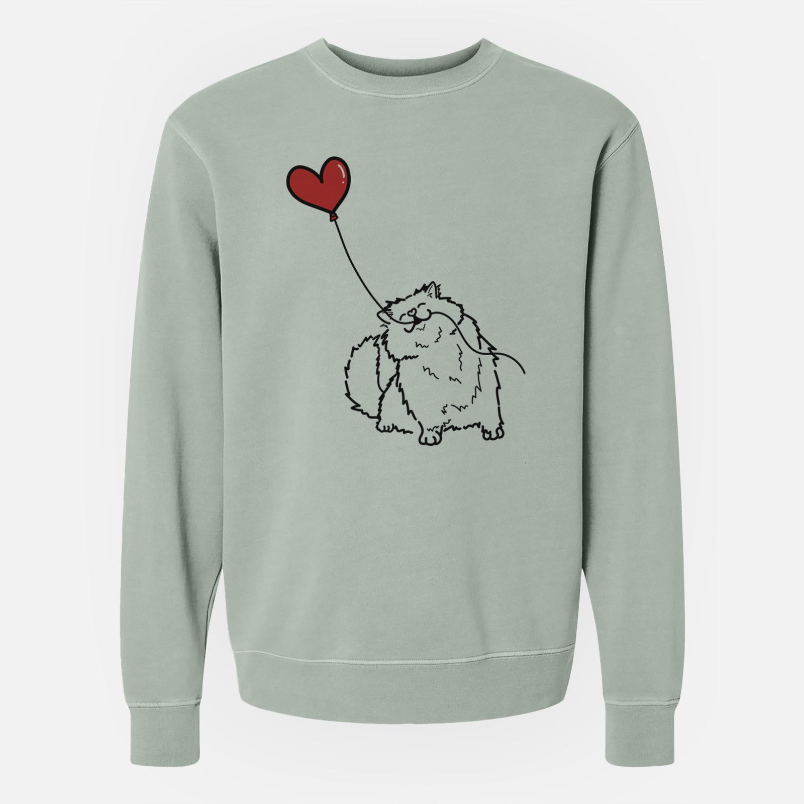 Minimalist line drawing of a Persian Cat Heart String holding a heart balloon on a Sage Unisex pigment dyed crew sweatshirt