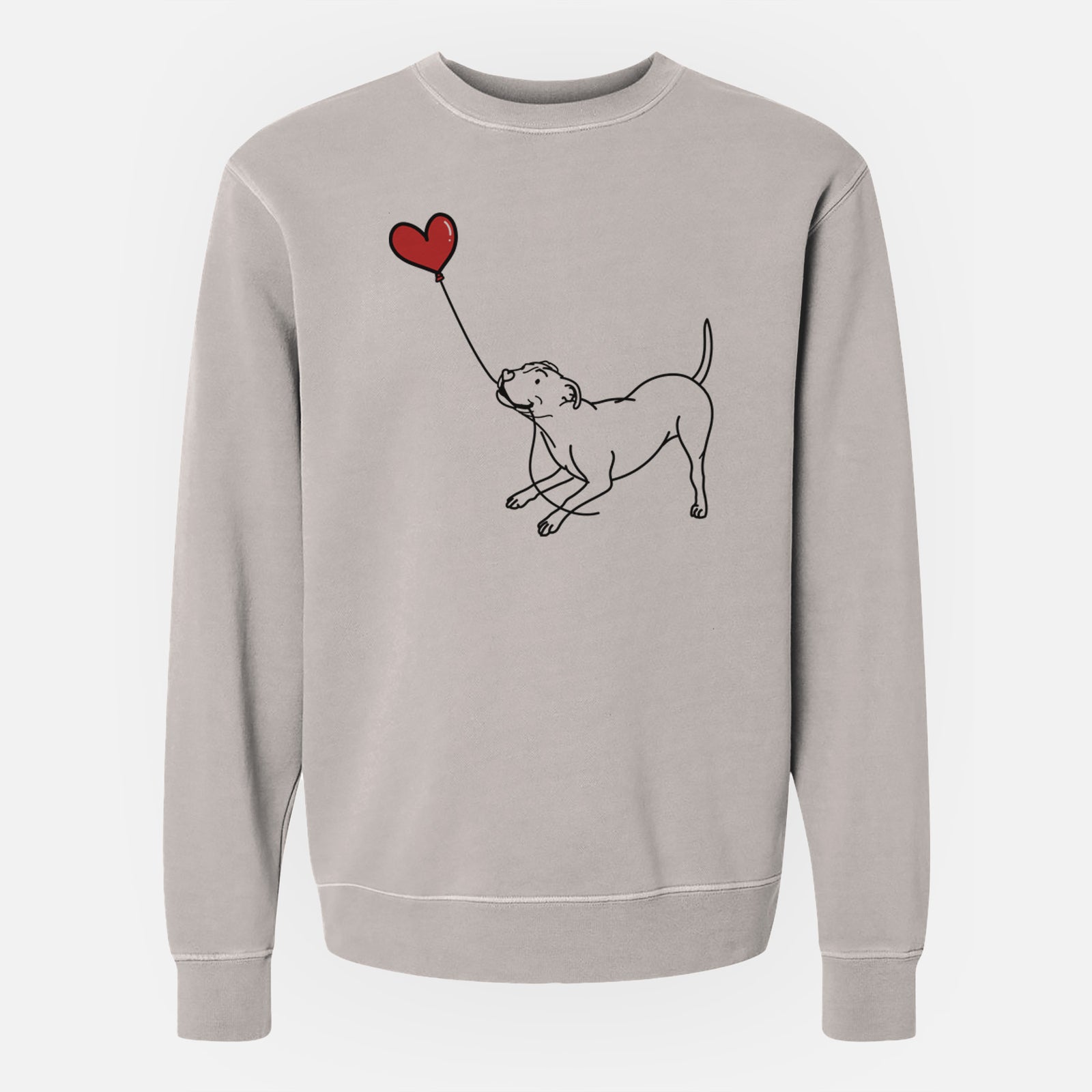 Minimalist line drawing of a Pitbull Terrier Heart String holding a heart balloon on a Cement Unisex pigment dyed crew sweatshirt
