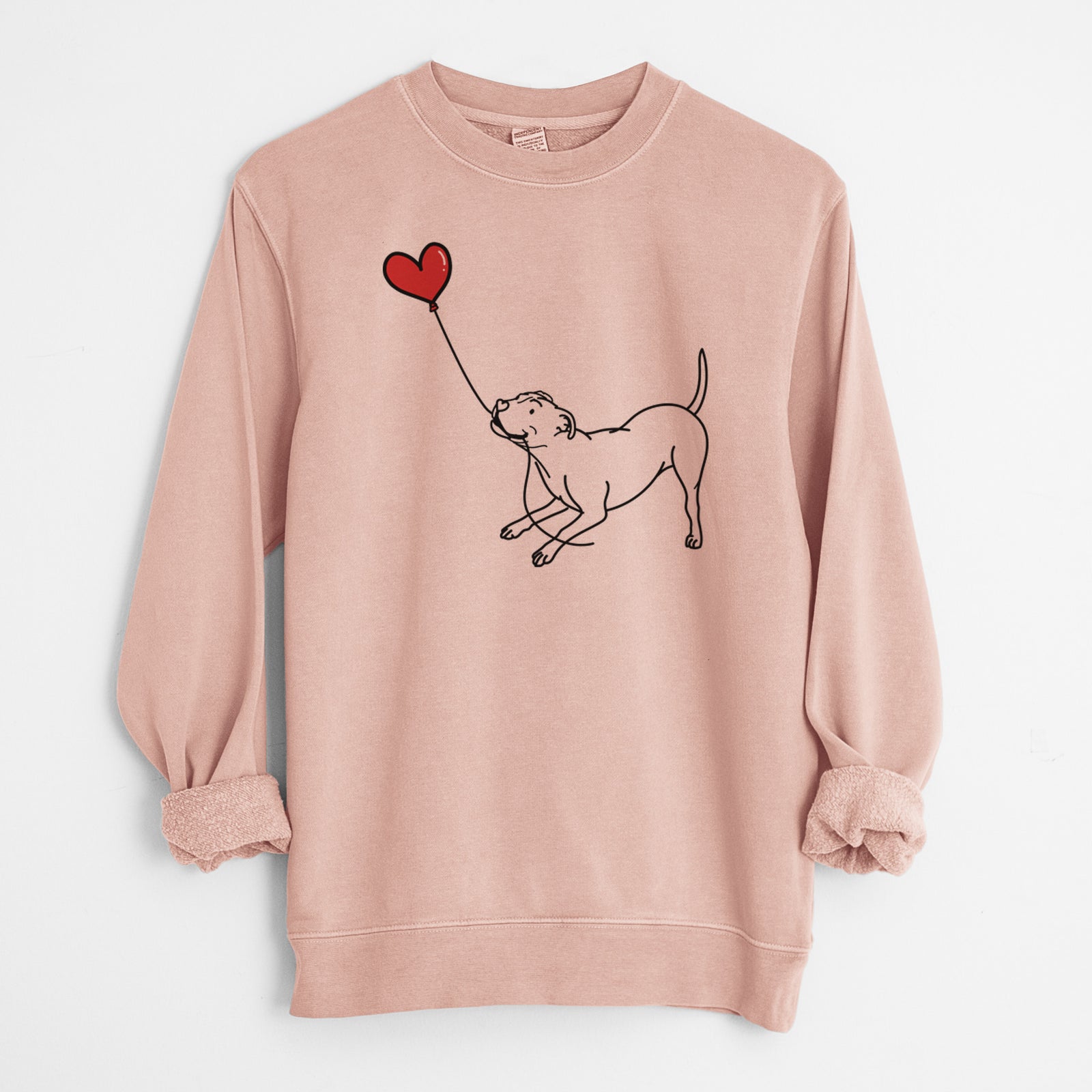 Minimalist line drawing of a Pitbull Terrier Heart String holding a heart balloon on a Dusty Pink Unisex pigment dyed crew sweatshirt