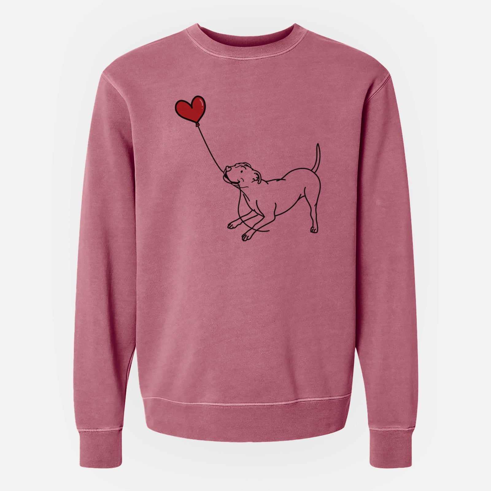 Minimalist line drawing of a Pitbull Terrier Heart String holding a heart balloon on a Maroon Unisex pigment dyed crew sweatshirt