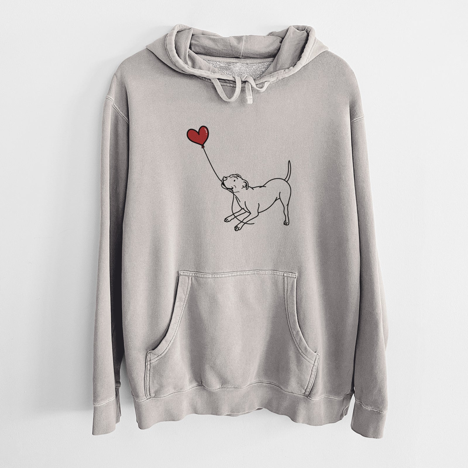 Minimalist line drawing of a Pitbull Terrier Heart String holding a heart balloon on a Cement Unisex pigment dyed hoodie