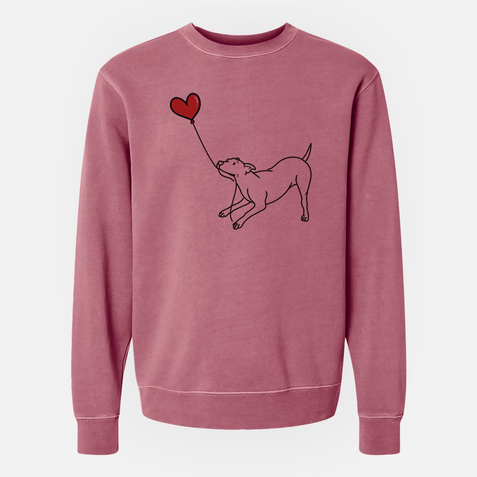 Minimalist line drawing of a Pitbull Mix Heart String holding a heart balloon on a Maroon Unisex pigment dyed crew sweatshirt