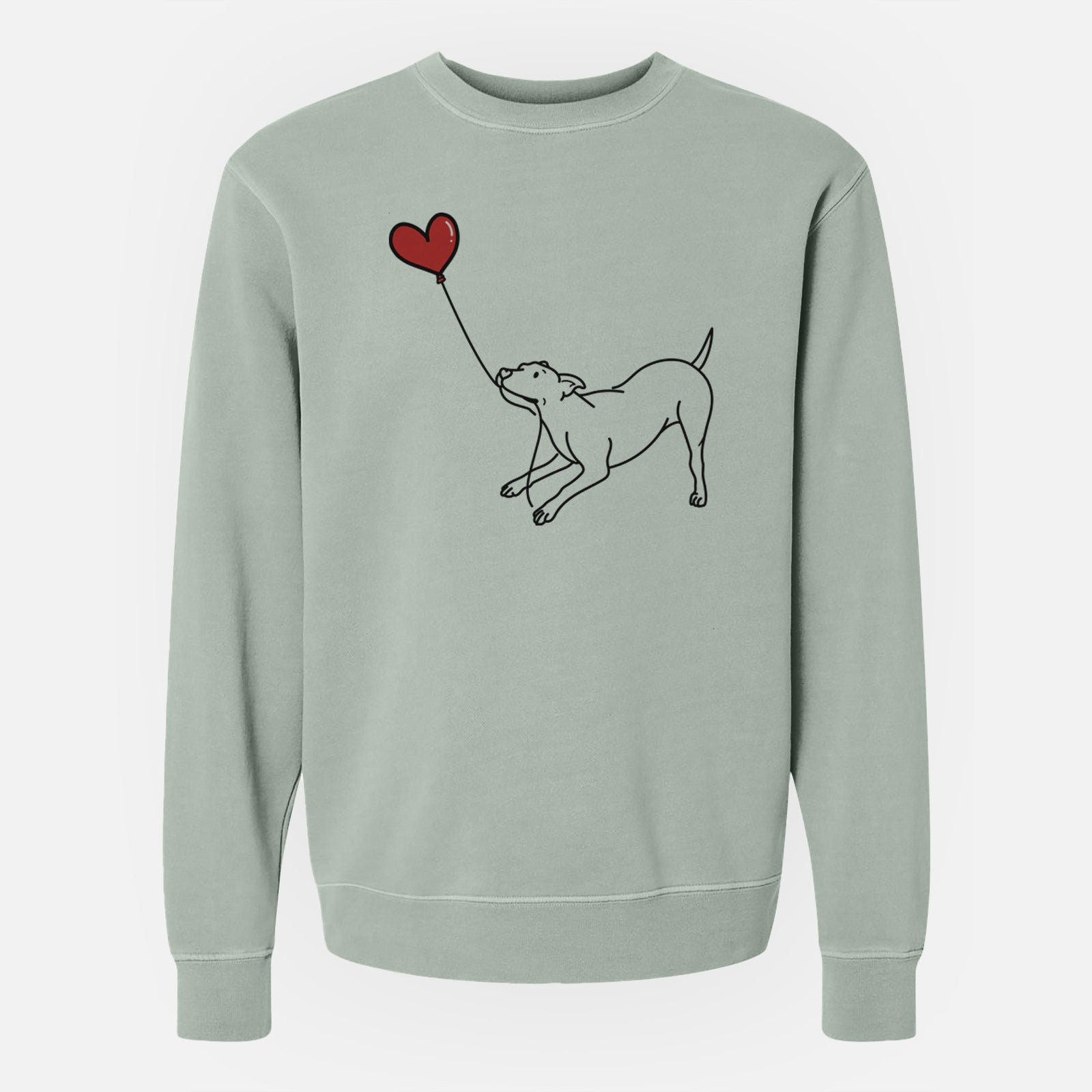 Minimalist line drawing of a Pitbull Mix Heart String holding a heart balloon on a Sage Unisex pigment dyed crew sweatshirt